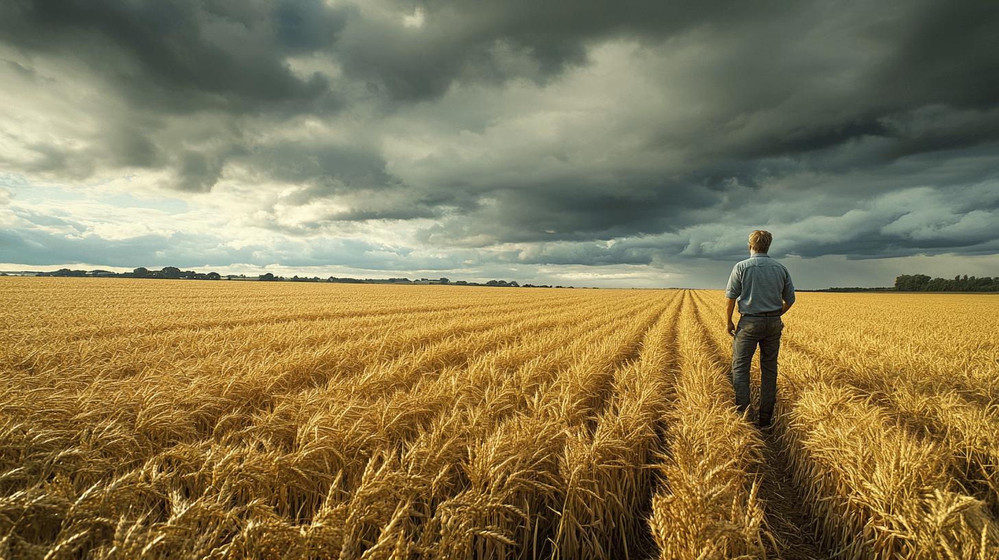 Farmer standing in golden wheat field under dramatic stormy sky, surveying agricultural landscape with rows of ripe grain stretching to distant horizon