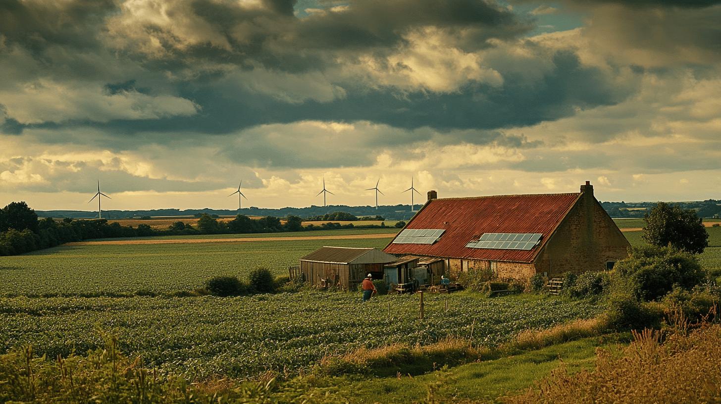 Rural farmscape with solar panels on red-roofed barn and wind turbines in distant landscape under dramatic cloudy sky, showcasing sustainable agricultural and renewable energy technologies