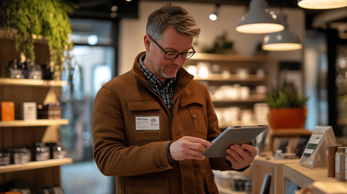 Middle-aged professional using tablet in modern coffee shop with name badge, wearing brown jacket and glasses, focusing on digital device near point-of-sale system and cafe shelves