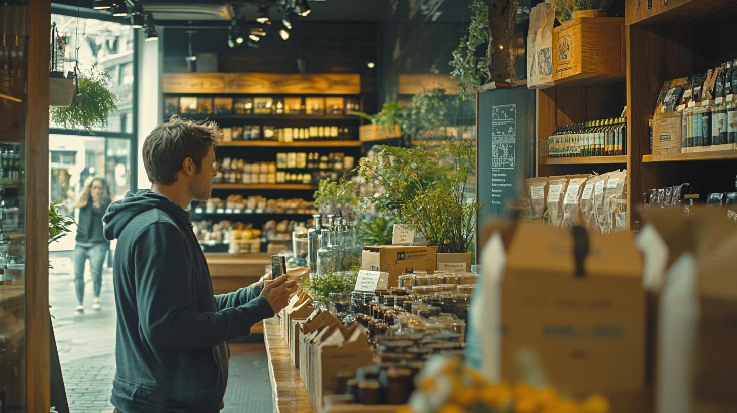 Sustainable organic grocery store with wooden shelves, green plants, and customer browsing artisanal food products in eco-friendly packaging