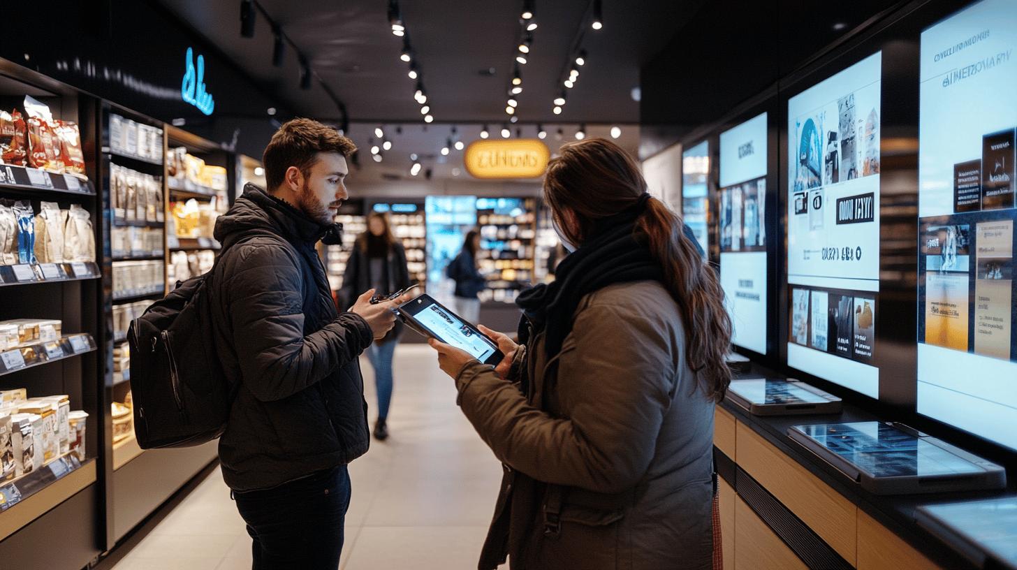 Modern retail store interior with two shoppers using digital tablets, surrounded by product shelves and illuminated display screens, showcasing interactive shopping technology