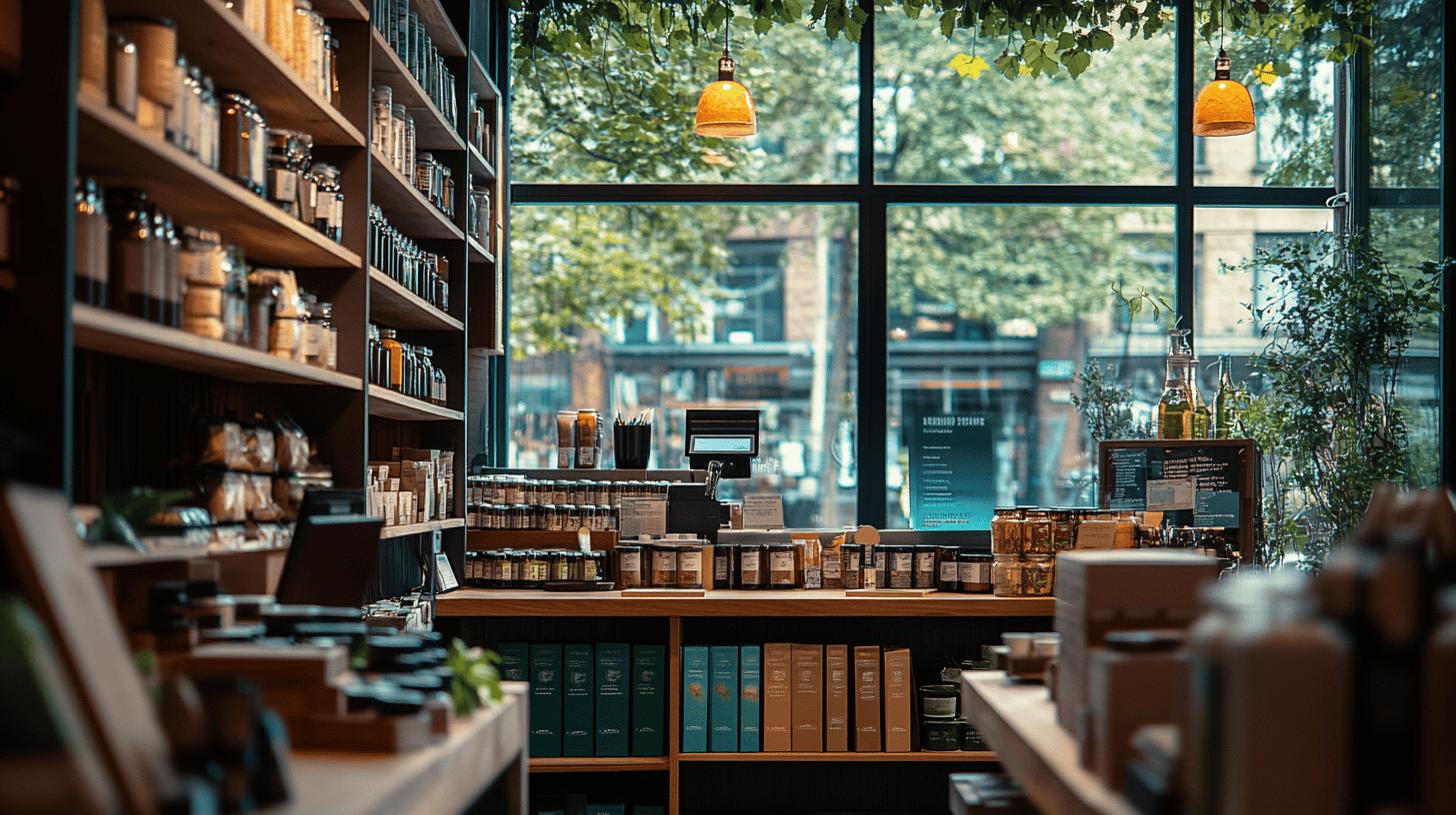 Wooden shelves stocked with various jars and bottles in a cozy shop interior with large windows overlooking greenery, amber pendant lights, and a point-of-sale counter with packaged goods and books