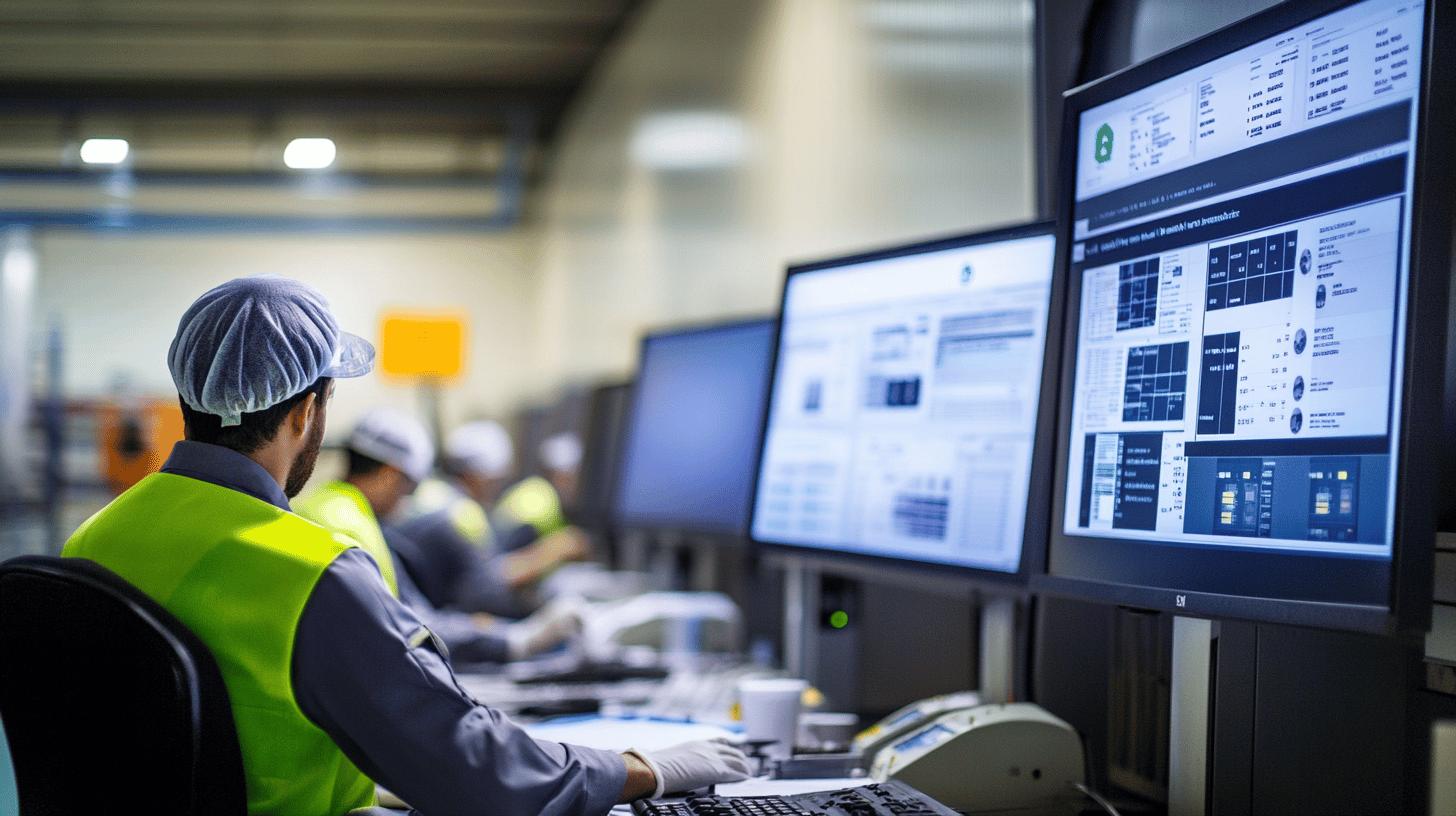 Workers in safety vests monitoring industrial control room screens with data dashboards and performance metrics