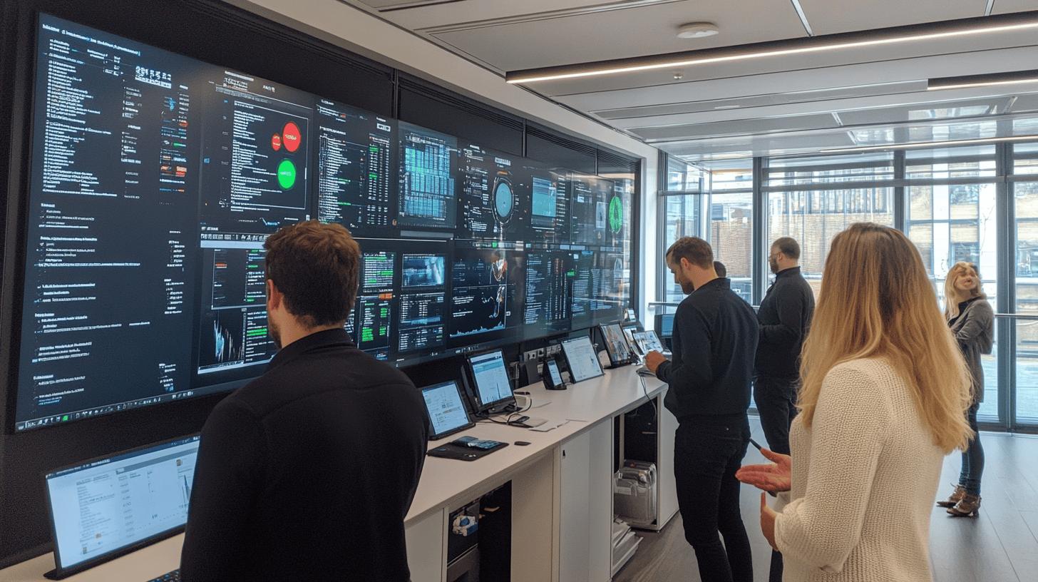 Modern technology control room with multiple large digital screens displaying complex data dashboards, monitoring systems, and analytical graphs, with professionals analyzing information in a high-tech, glass-walled office environment