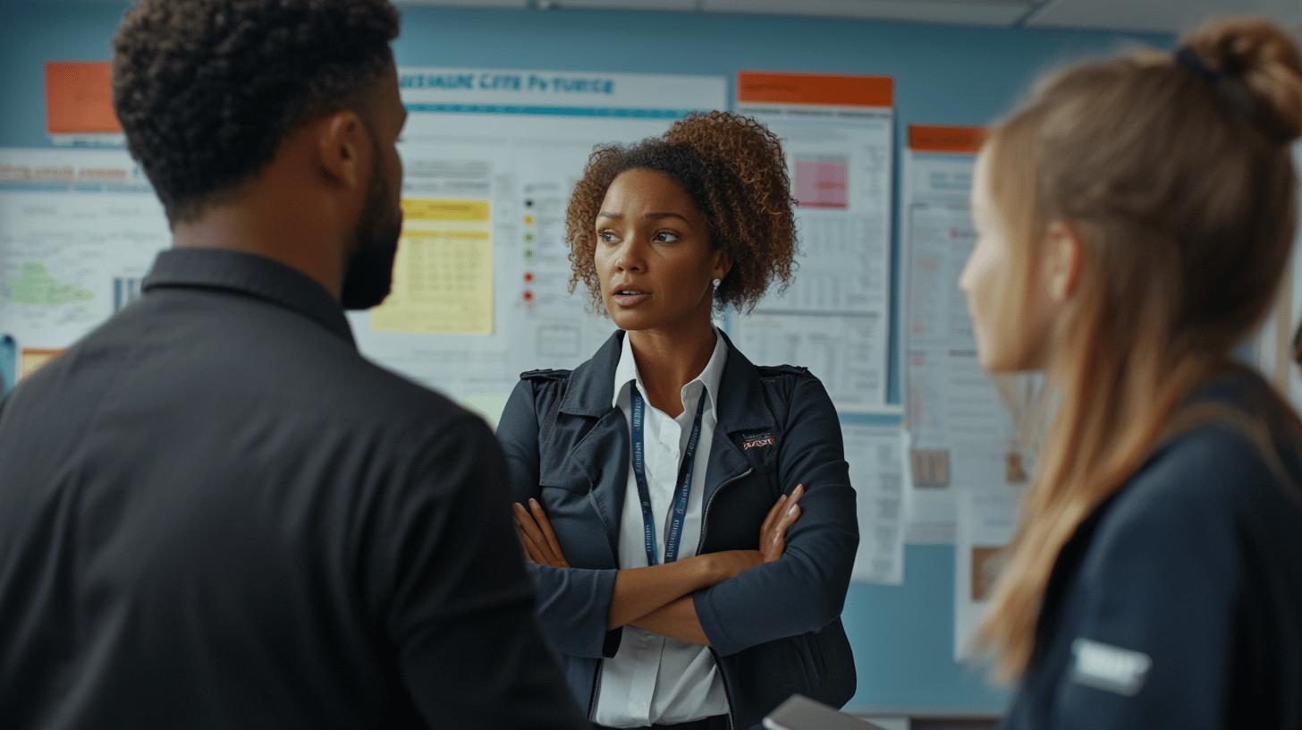 Professional workplace scene with team members in serious discussion, curly-haired woman in black jacket standing with crossed arms in front of data charts and graphs, looking attentive and authoritative