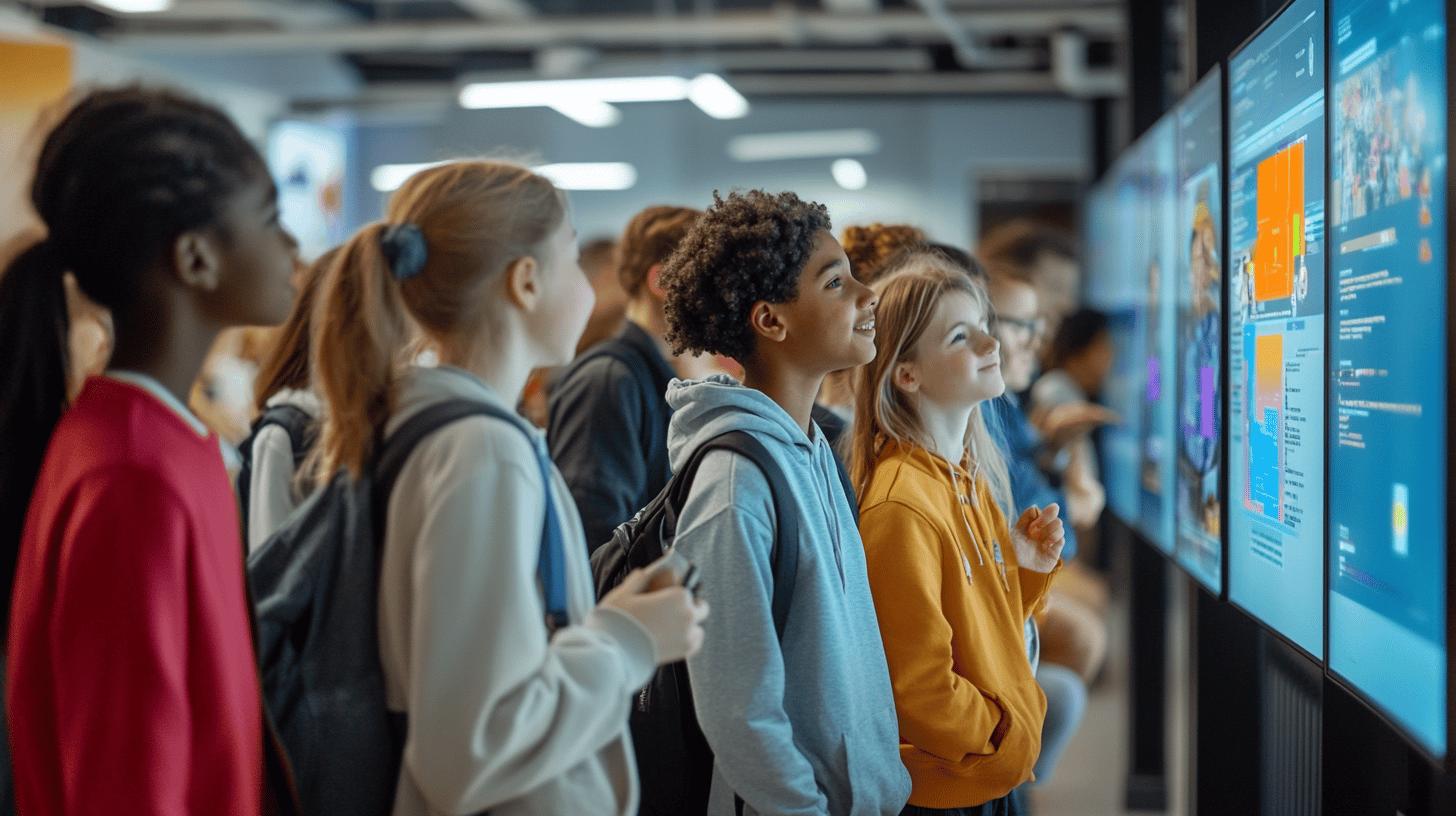 Diverse group of students in colorful hoodies observing interactive digital screen in modern classroom or technology learning environment, showcasing collaborative educational technology experience
