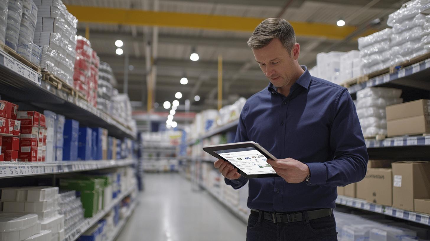 Professional checking inventory on tablet in warehouse storage aisle with stocked shelves and boxes