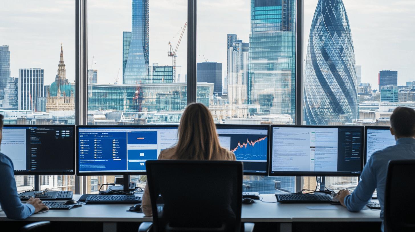 Modern financial trading workspace with multiple computer monitors displaying data and graphs, overlooking London's iconic skyline featuring the Gherkin and other glass skyscrapers in the financial district