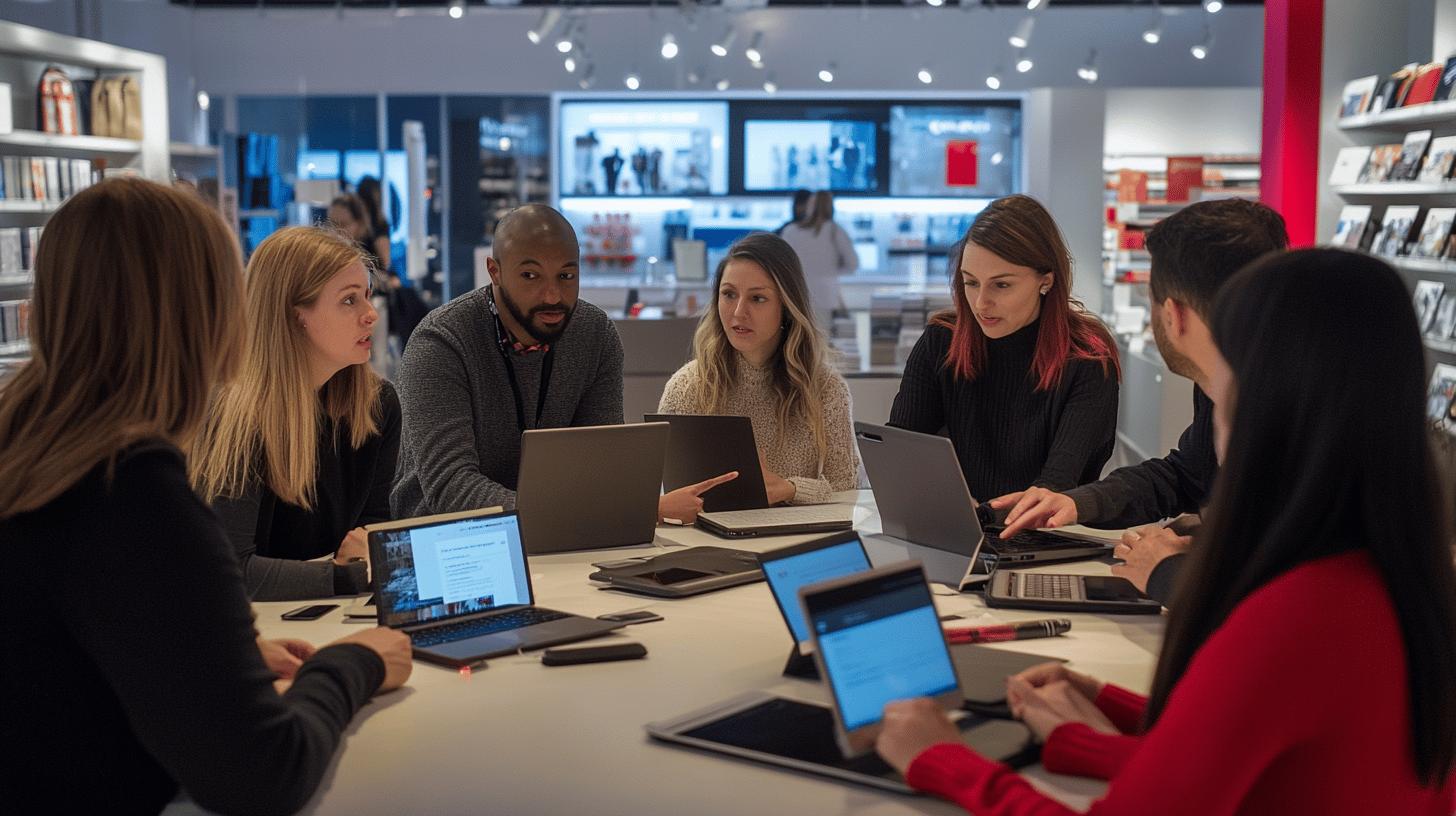 Diverse team collaborating in modern office with laptops during business meeting, discussing project on digital screens with technology and teamwork in background