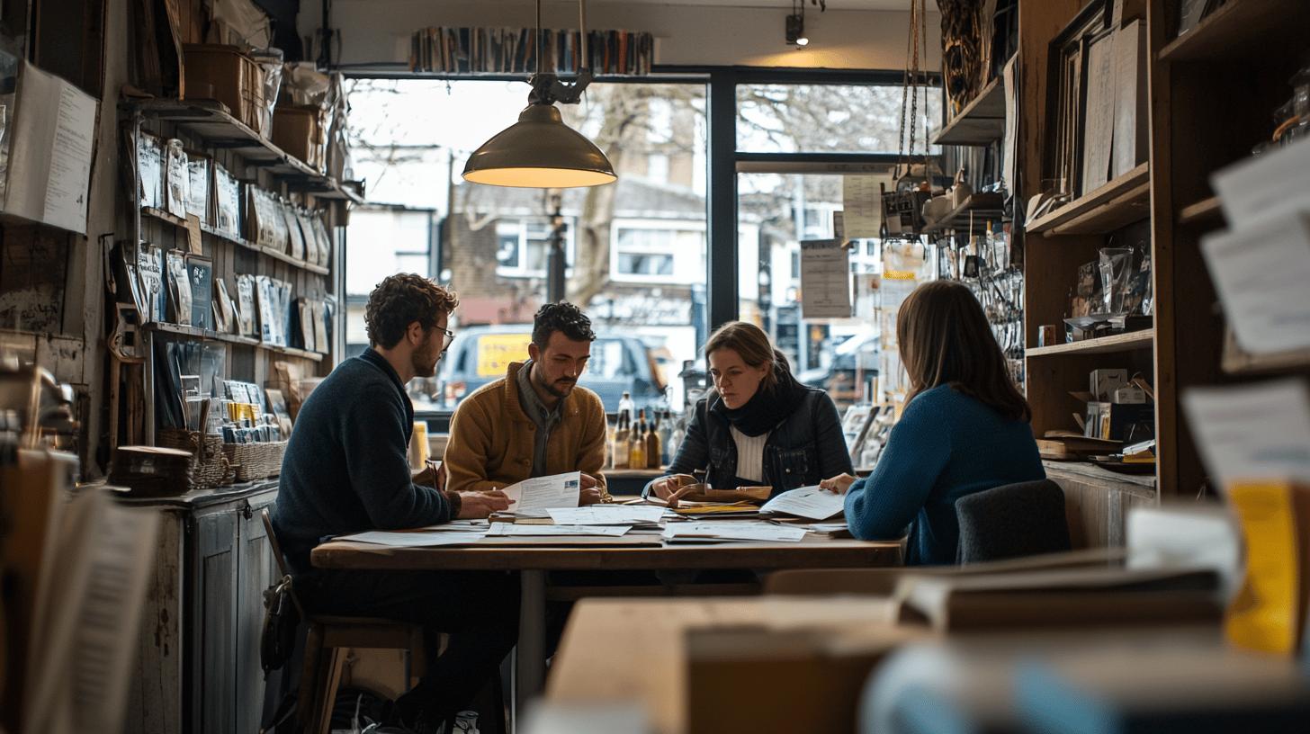 Four professionals collaborating over documents in a cozy bookstore or cafe setting, with shelves of books and urban street view in background, warm industrial lighting creating an intimate workspace atmosphere