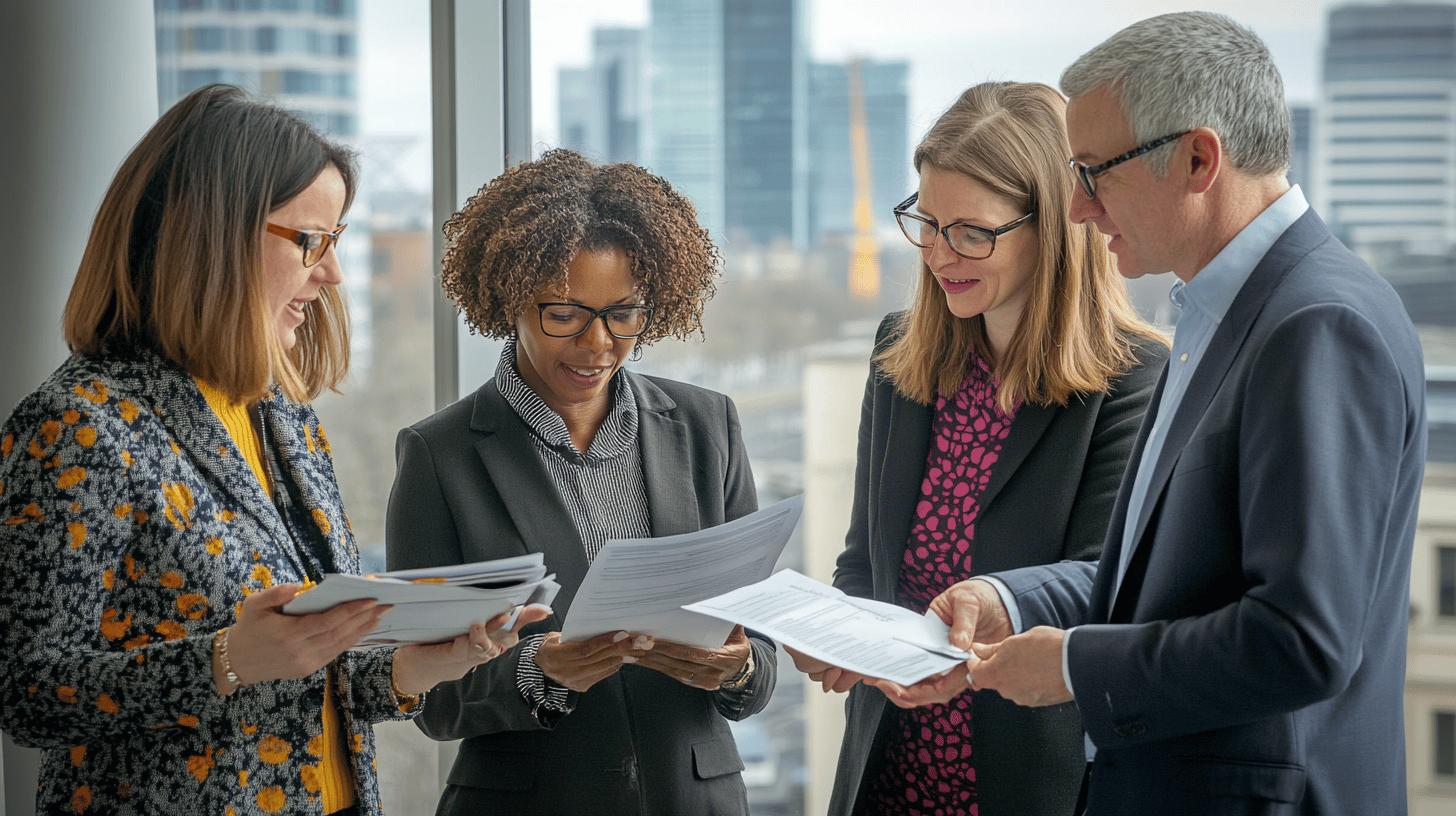 Diverse business team reviewing documents together in modern office with city skyline, collaborative professional workplace scene with four colleagues examining paperwork