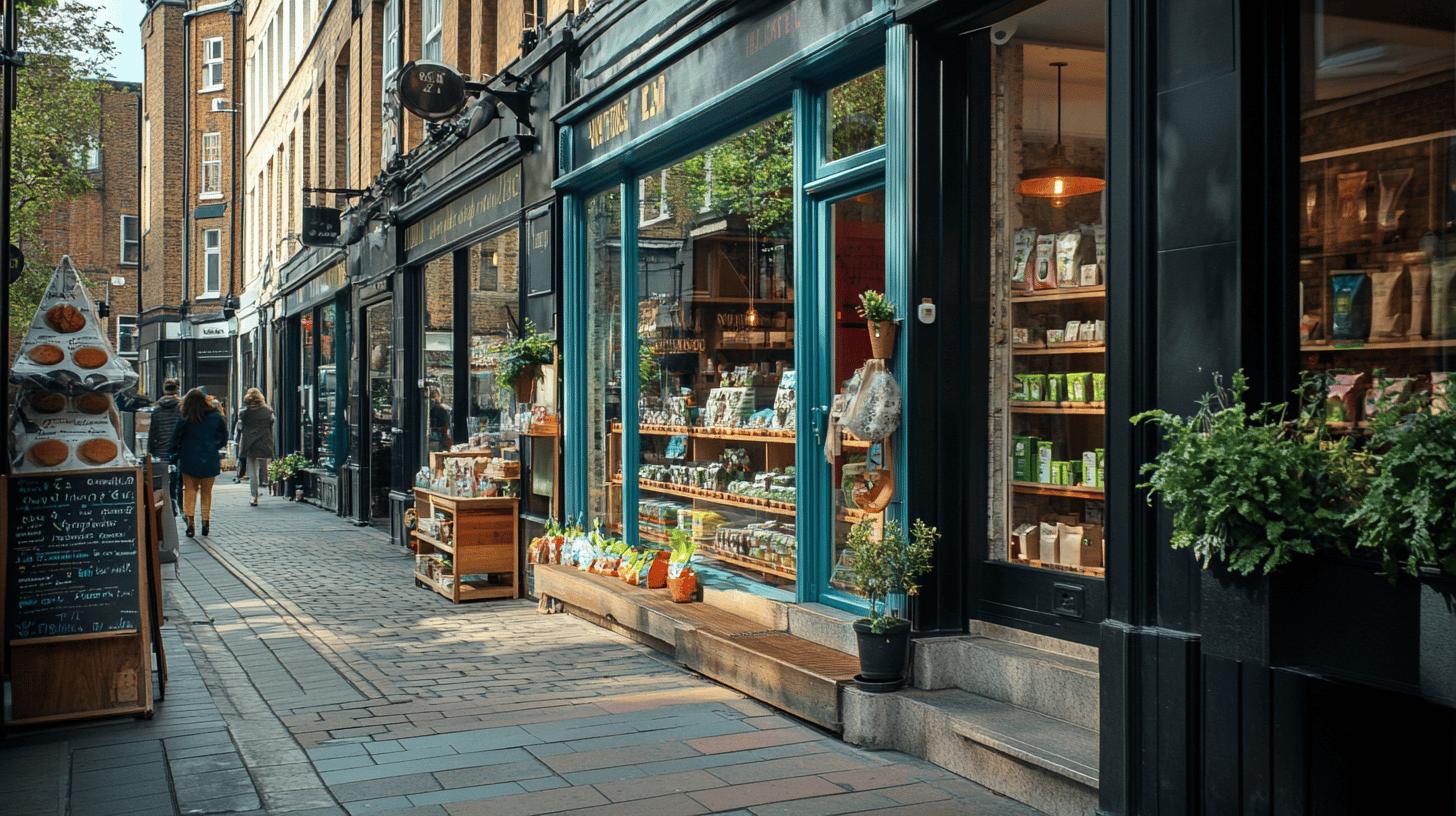 Quaint urban street with artisan food shops, teal storefront windows, wooden shelves displaying products, cobblestone walkway, and pedestrians walking past rustic brick buildings with hanging plants and warm lighting