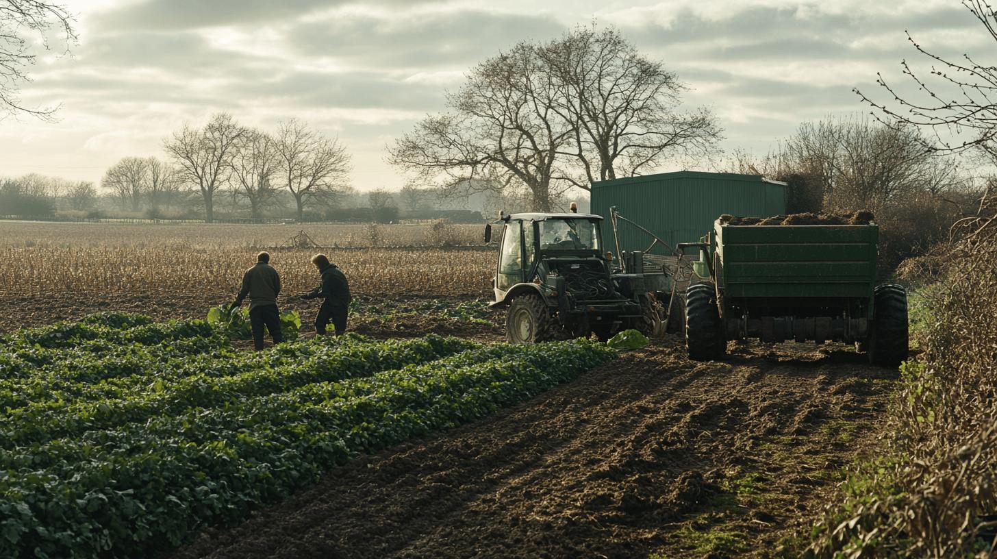 Winter agricultural scene with farmers harvesting crops near tractor and green trailer, bare trees and overcast sky in background, showcasing rural farm work in late autumn or early winter landscape
