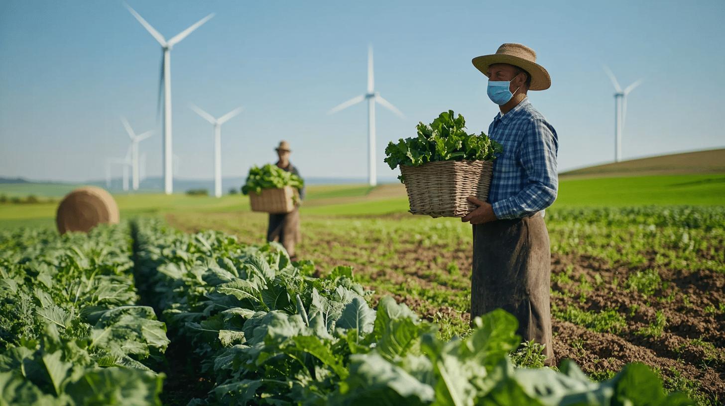 Farmers harvesting leafy greens in sustainable agricultural field with wind turbines, wearing masks during pandemic season, showcasing renewable energy and organic farming practices