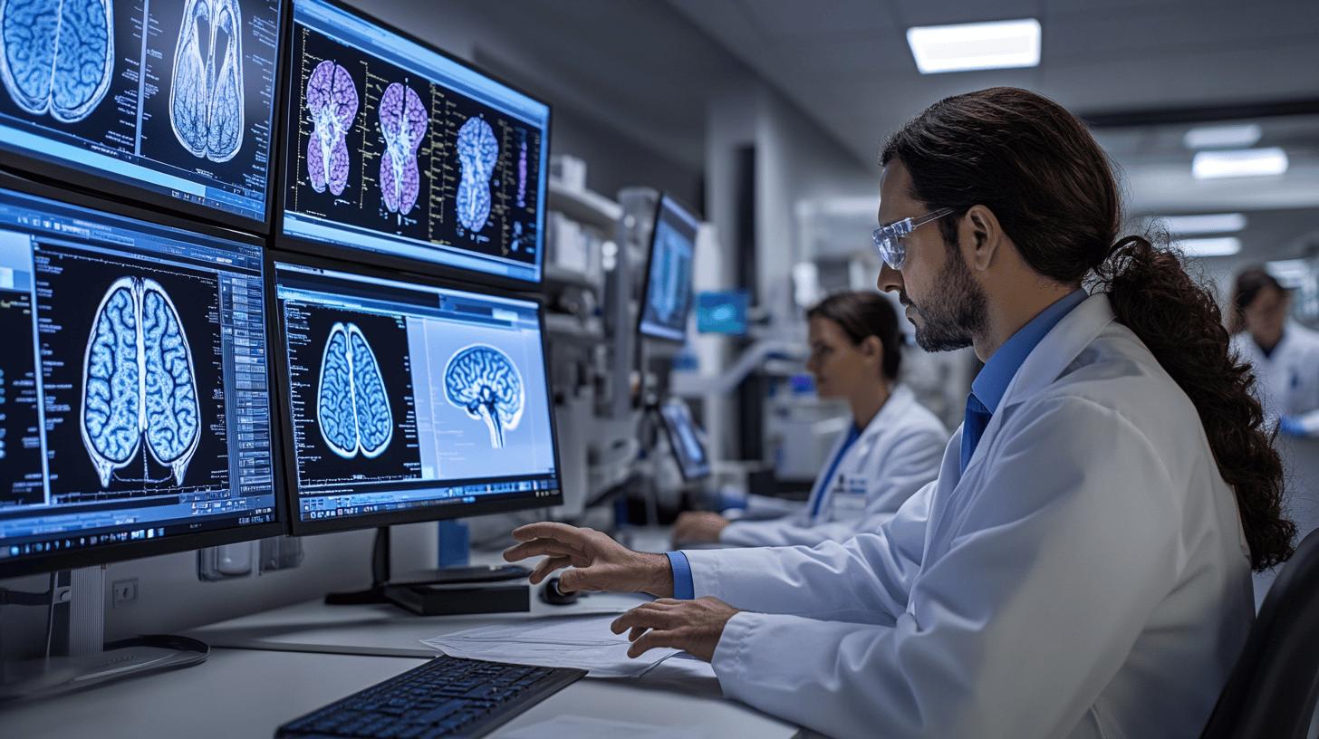 Medical professional analyzing brain MRI scans in advanced neurology research laboratory with multiple diagnostic imaging screens displaying brain cross-sections and neurological data