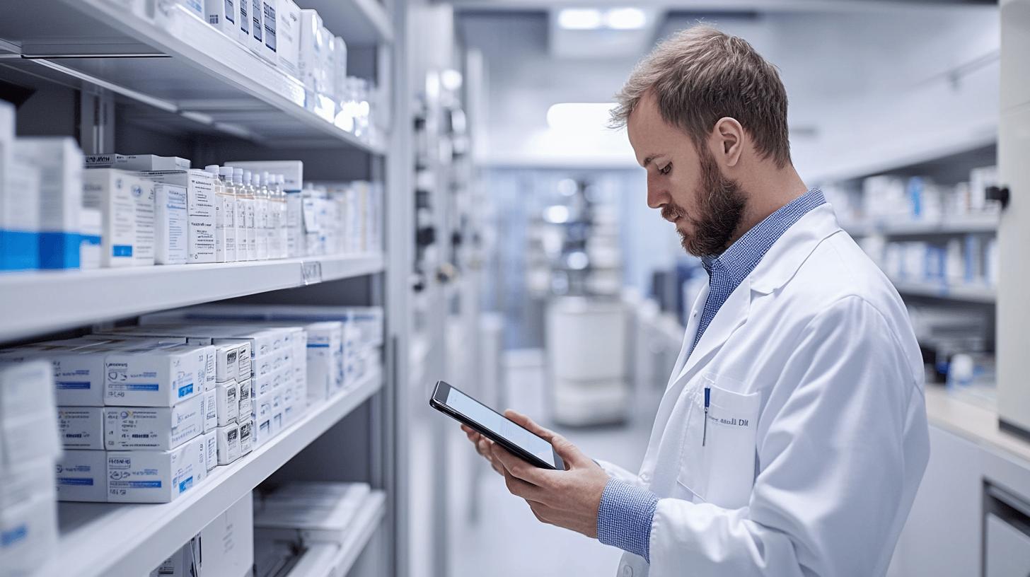 pharmaceutical researcher checking inventory on tablet in sterile laboratory storage room with medication boxes and shelves