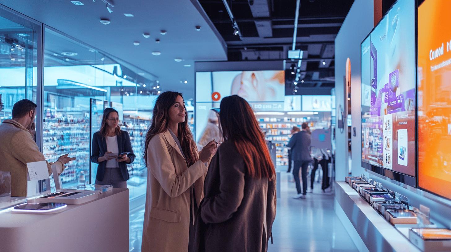 Modern retail store interior with digital displays, product shelves, and staff members interacting near a sleek checkout area with technological elements and blue lighting ambiance