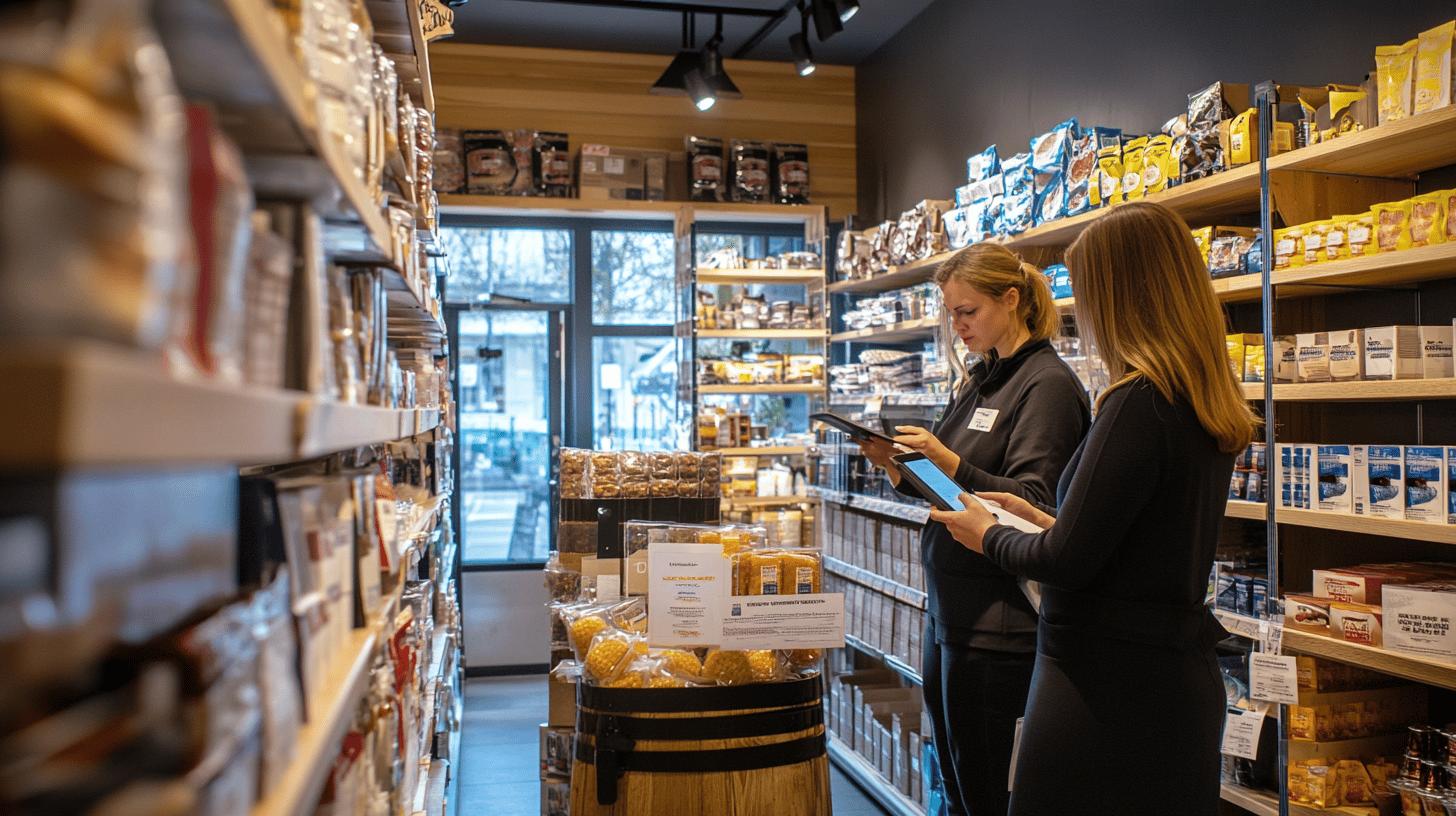 Two retail employees using tablets while conducting inventory in a specialty food store with shelves stocked with packaged products, wooden barrel display, and large windows in background