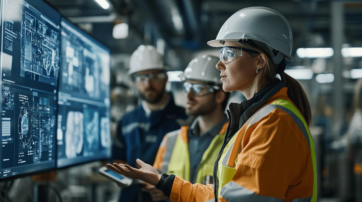Professional engineer in safety gear analyzing industrial data on digital screens in high-tech manufacturing facility