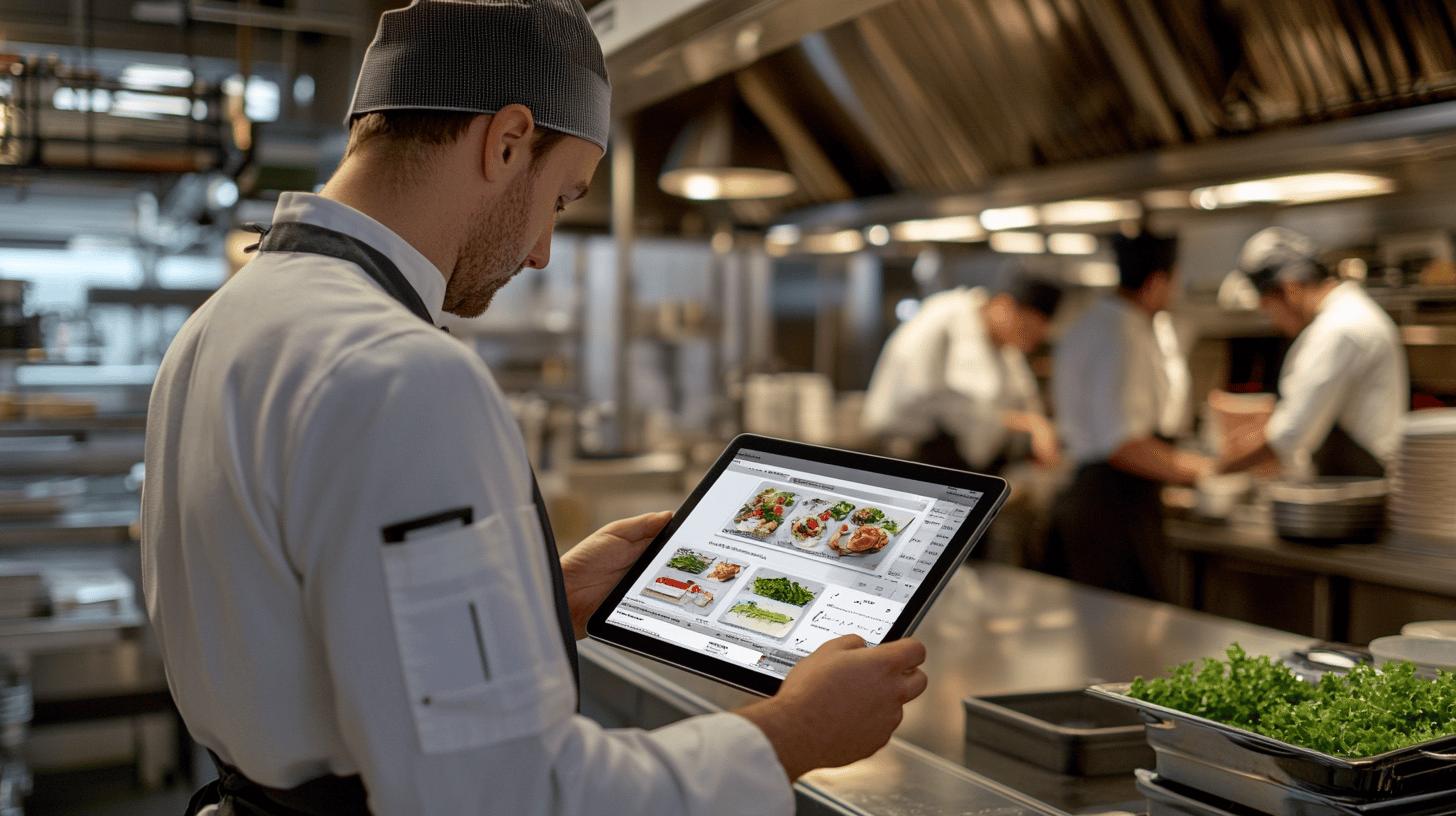 Professional chef using digital tablet to review menu dishes in commercial kitchen with culinary team in background, showcasing modern restaurant technology and kitchen workflow management