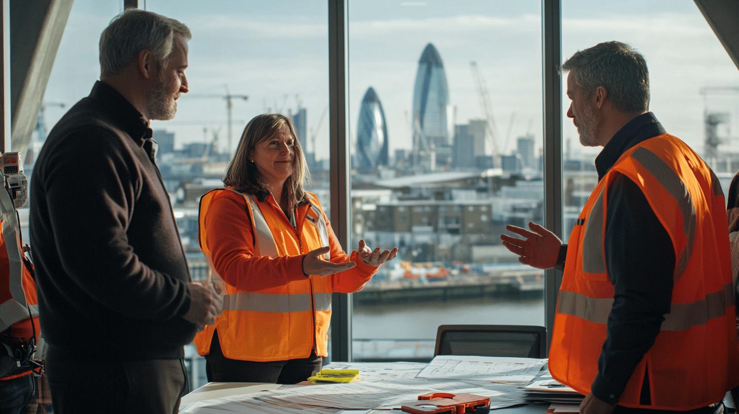 Professional construction team discussing project plans with London skyline and Gherkin building in background, wearing high-visibility orange safety vests over dark clothing, standing near architectural blueprints in modern office with large windows