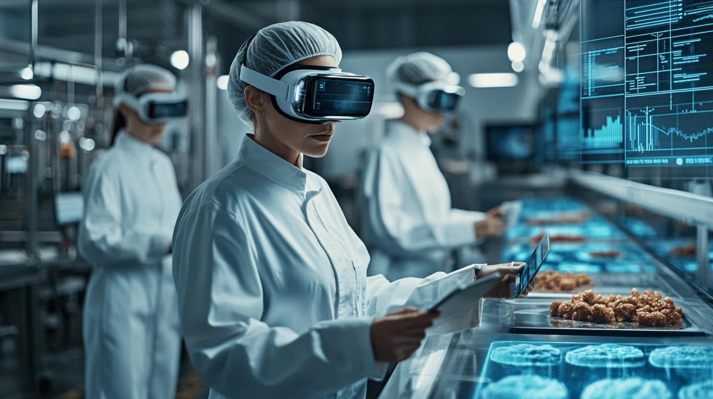 Futuristic food production facility with workers wearing VR headsets and white lab coats, using advanced technology to monitor and analyze food processing on a high-tech production line with digital screens and data visualizations