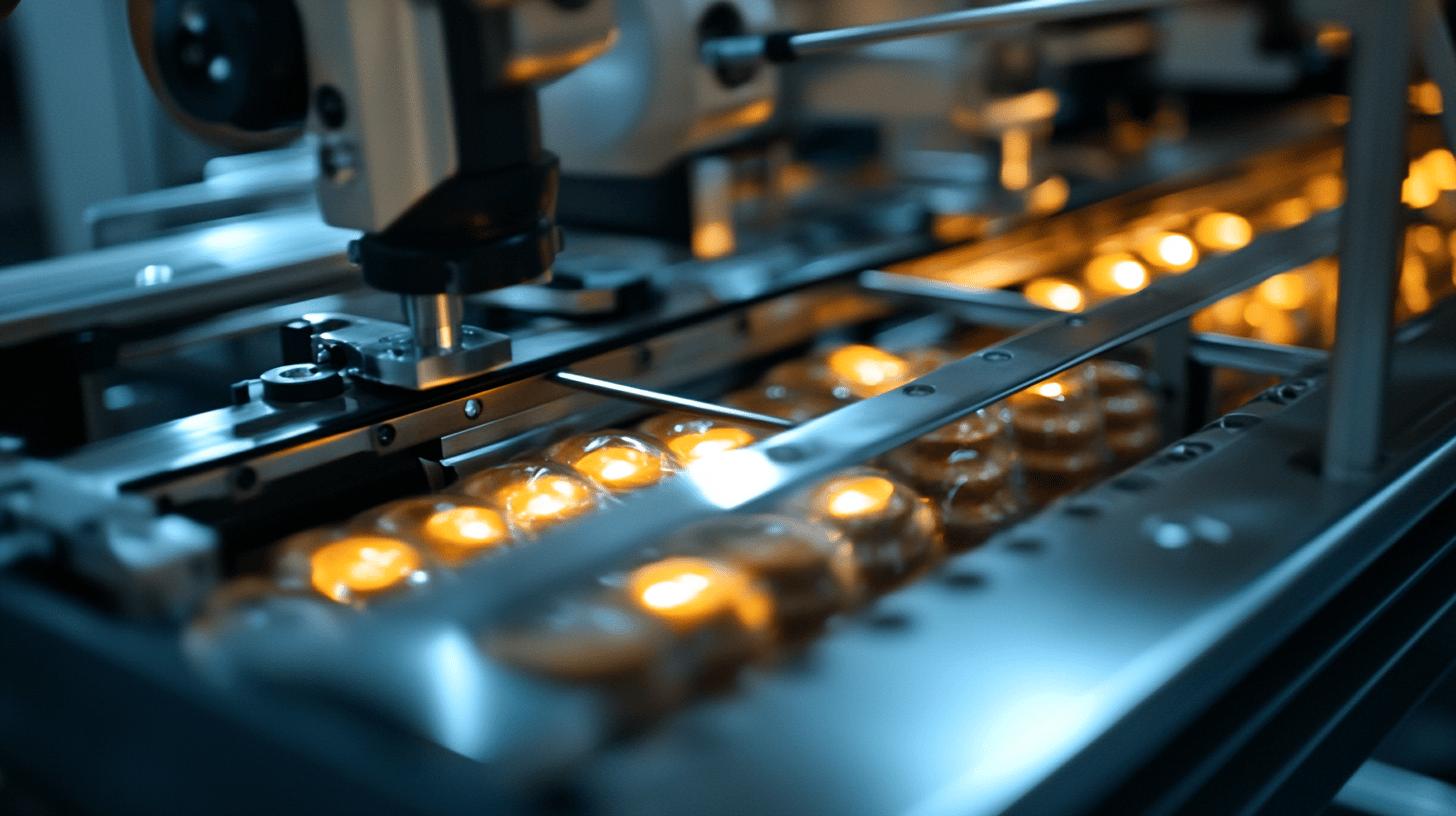 Automated pharmaceutical production line with blister packed medication capsules in golden-orange light, showcasing precision pharmaceutical manufacturing equipment and process