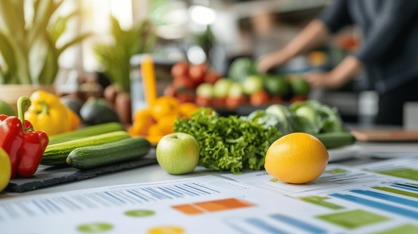 Fresh colorful vegetables and fruits on kitchen counter with analytics charts, showcasing healthy nutrition planning and data-driven dietary strategy