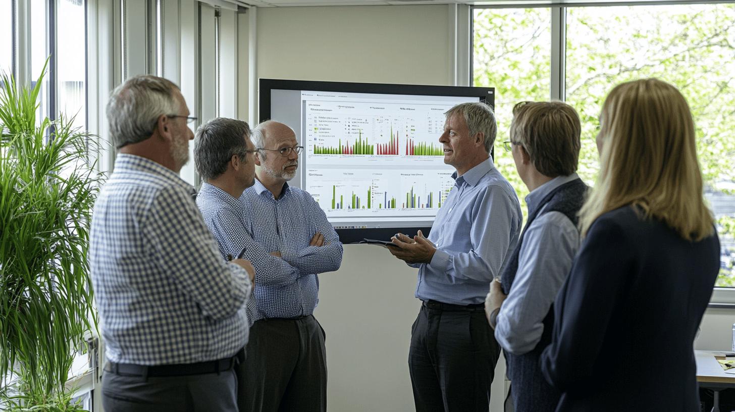 Business professionals analyzing data charts in a modern office meeting room with large windows and indoor plants, showcasing collaborative workplace analytics discussion