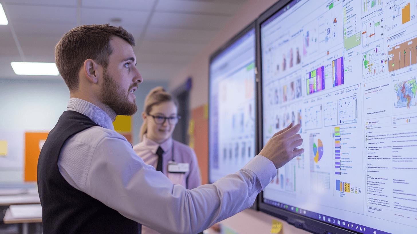 Business professionals analyzing complex data visualization dashboard with colorful charts and graphs on large digital screen in modern office setting