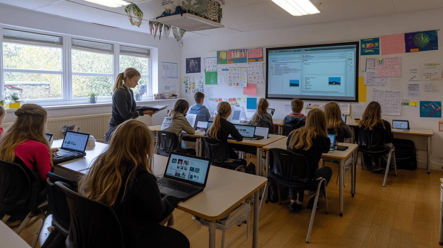 Students using laptops in a bright, modern classroom with colorful wall displays and a large digital screen, with a teacher guiding the lesson