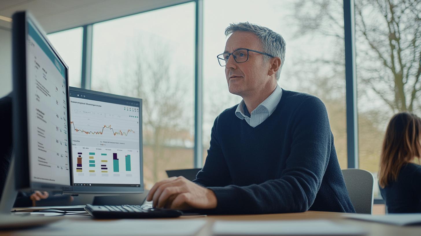Professional analyzing business analytics on computer screen in modern office with large windows, wearing glasses and dark sweater, reviewing data visualization graphs and charts
