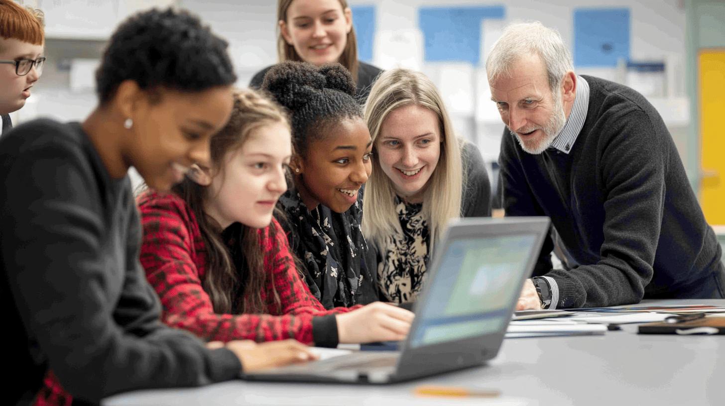 Diverse group of students and teacher collaborating on laptop in classroom, working together with engaged and smiling expressions