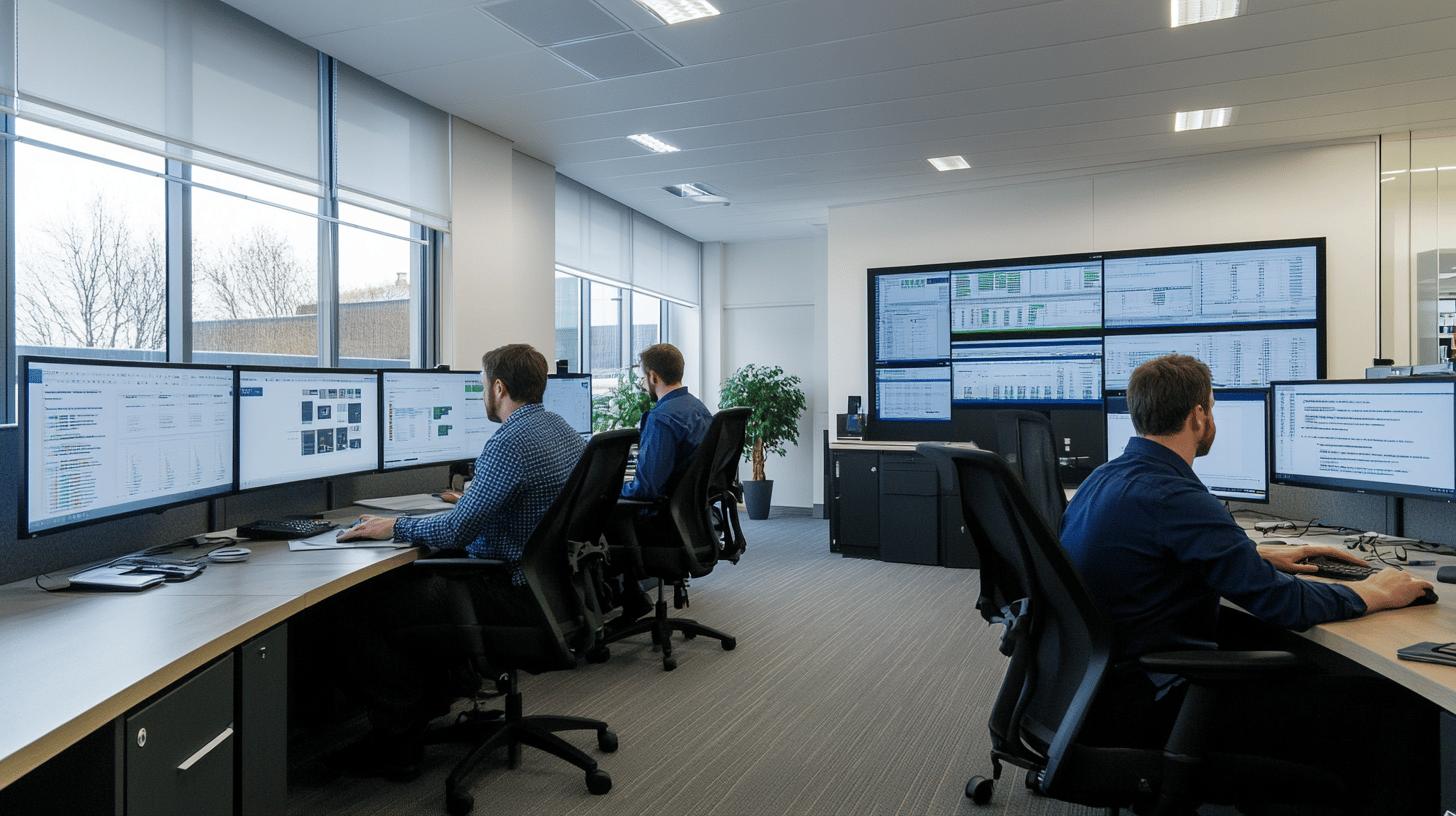 Modern data center control room with multiple workstations, large monitors displaying complex analytics, and professionals working in a bright, open-plan office with large windows and minimalist design