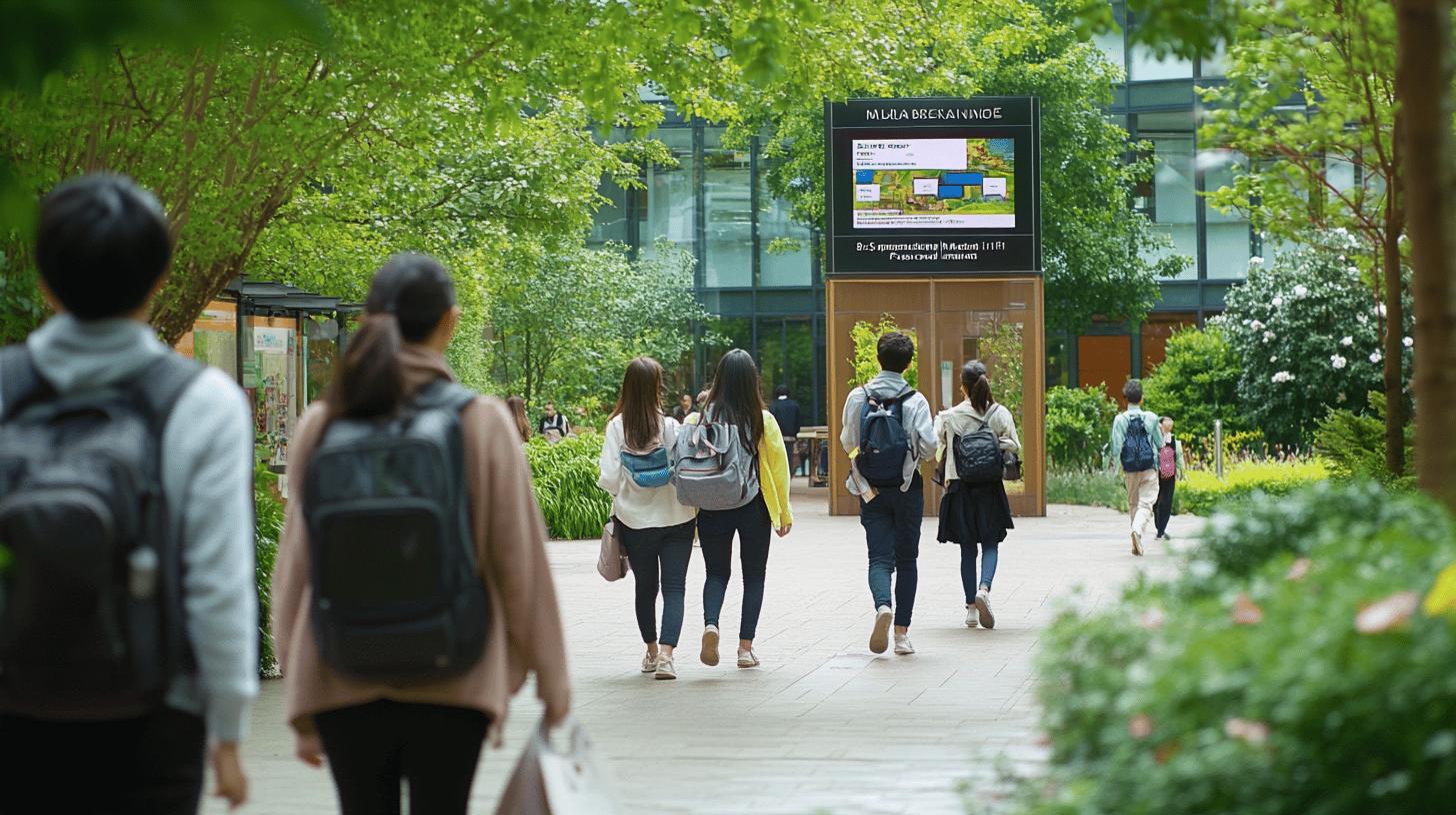 students walking on lush green campus pathway with digital information display, backpacks, surrounded by trees and modern buildings