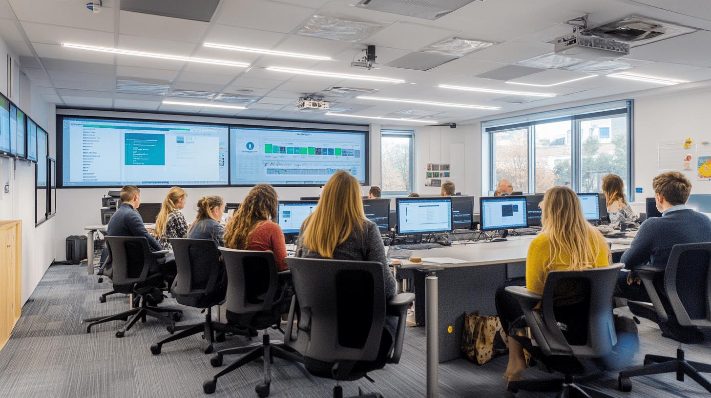 Modern open-plan office workspace with employees working on computers, large display screens showing data analytics, and natural light from windows, depicting a collaborative corporate technology environment