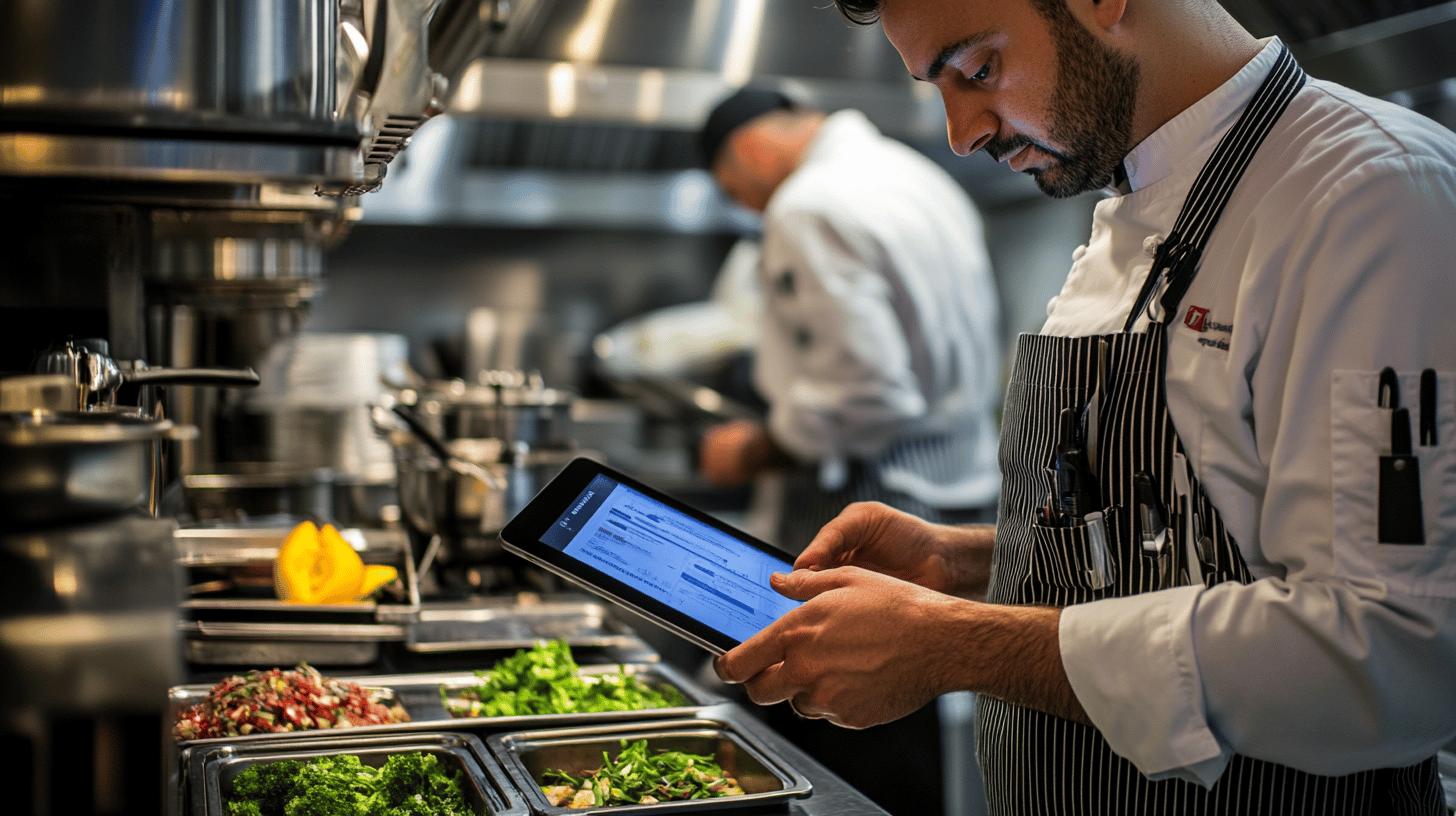 Professional chef in white uniform and striped apron using digital tablet in modern commercial kitchen with fresh ingredients and cooking equipment in background