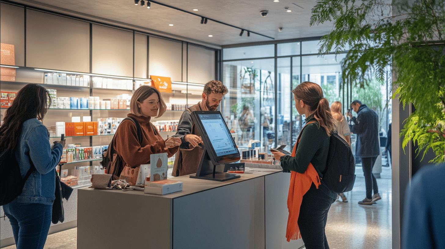 Modern retail checkout scene with customers making purchases at point-of-sale counter, digital screen displaying transaction, shelves with product packaging in background, bright minimalist store interior with glass windows and green plants