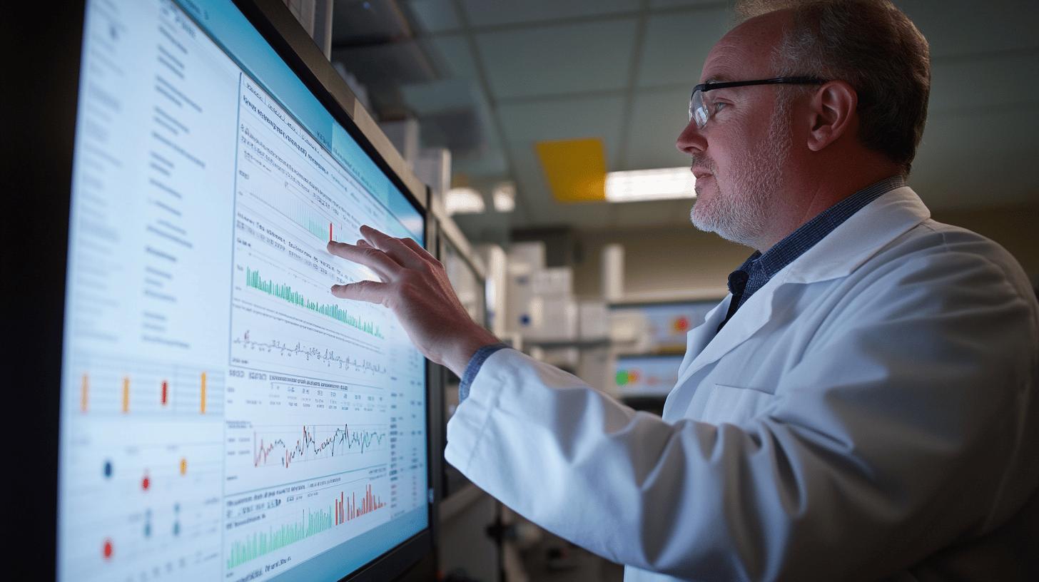 Scientist analyzing complex data visualization on large screen with multi-colored graphs and statistical charts in laboratory research environment