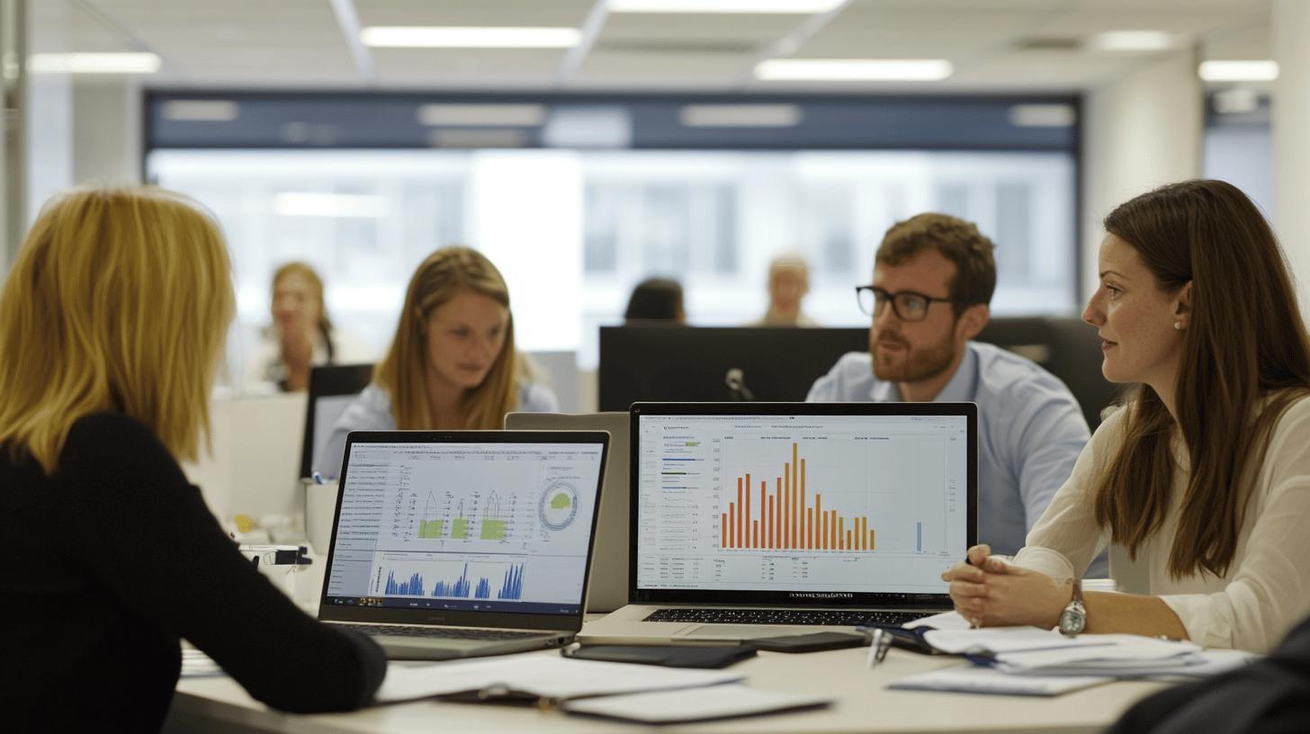 Business professionals analyzing data analytics on laptop screens in modern office workspace, with colorful bar graphs and charts displayed