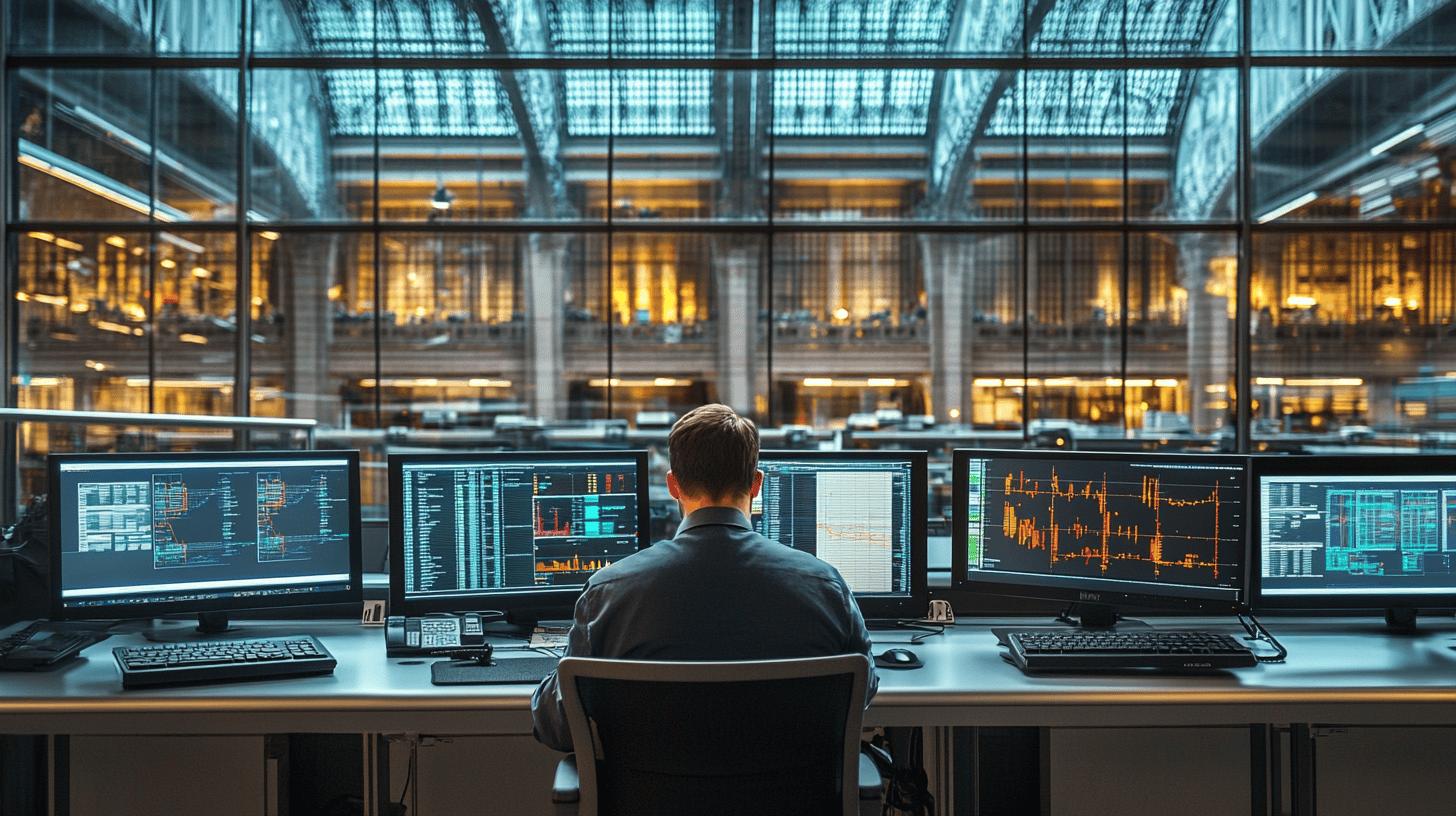 Multi-monitor data center control room with financial analyst monitoring trading screens and stock market analytics in a modern glass-walled corporate environment