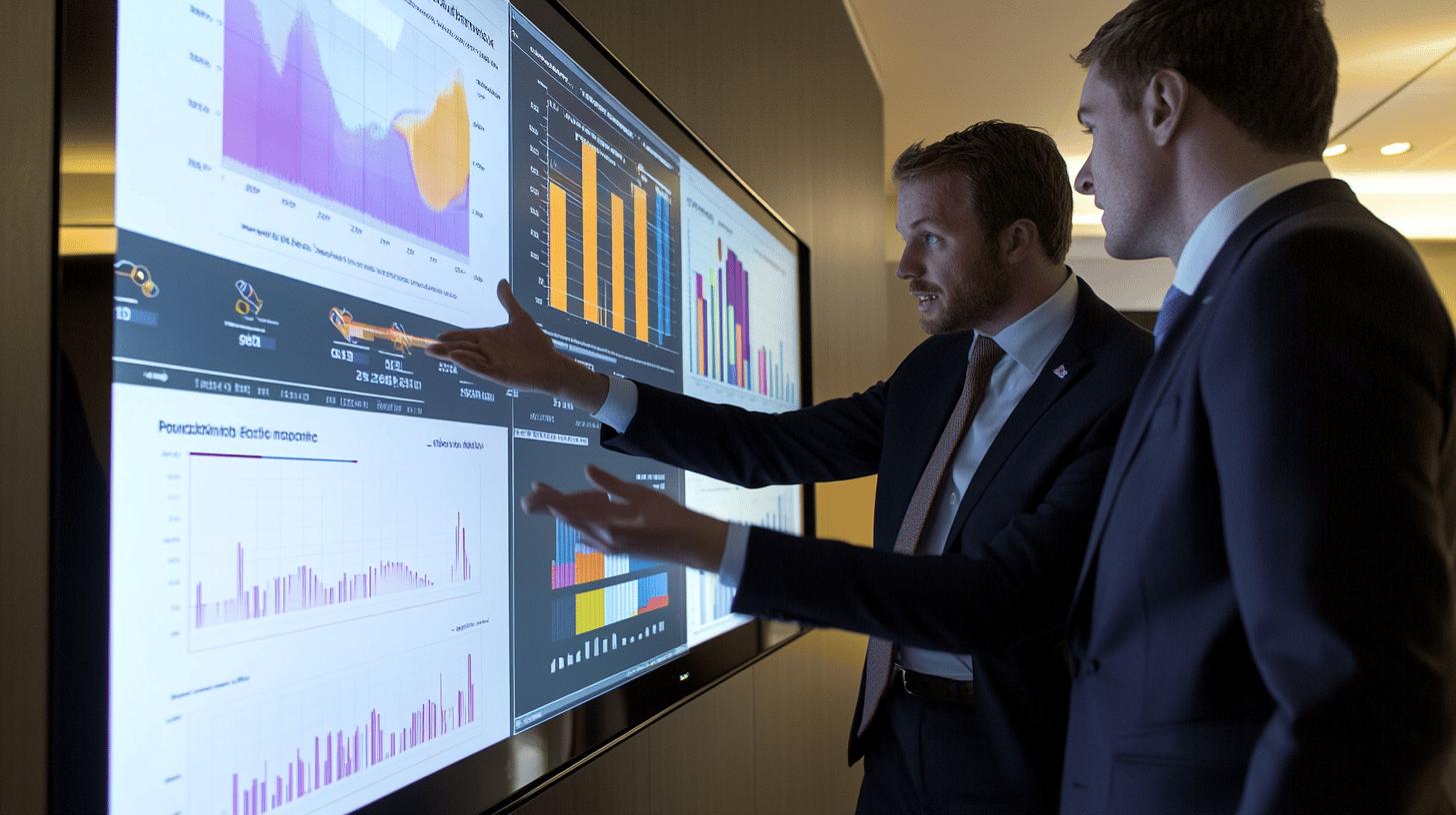 Business professionals analyzing data visualization on large digital screens with colorful bar graphs and charts in a modern office setting
