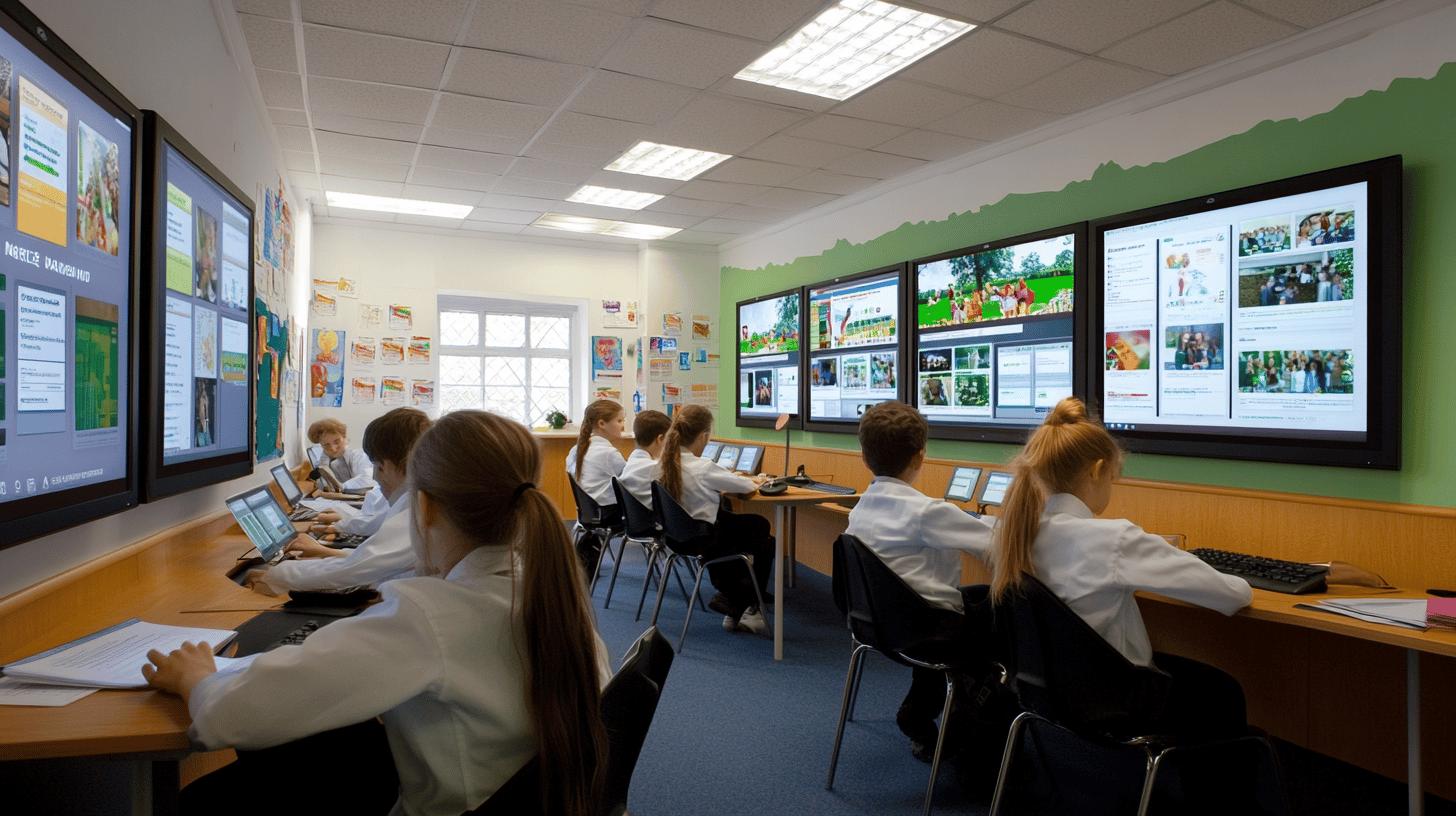 Modern classroom with students in white shirts using computers, multiple large screens displaying digital content, green accent wall, and educational wall decorations, showcasing technology-enhanced learning environment