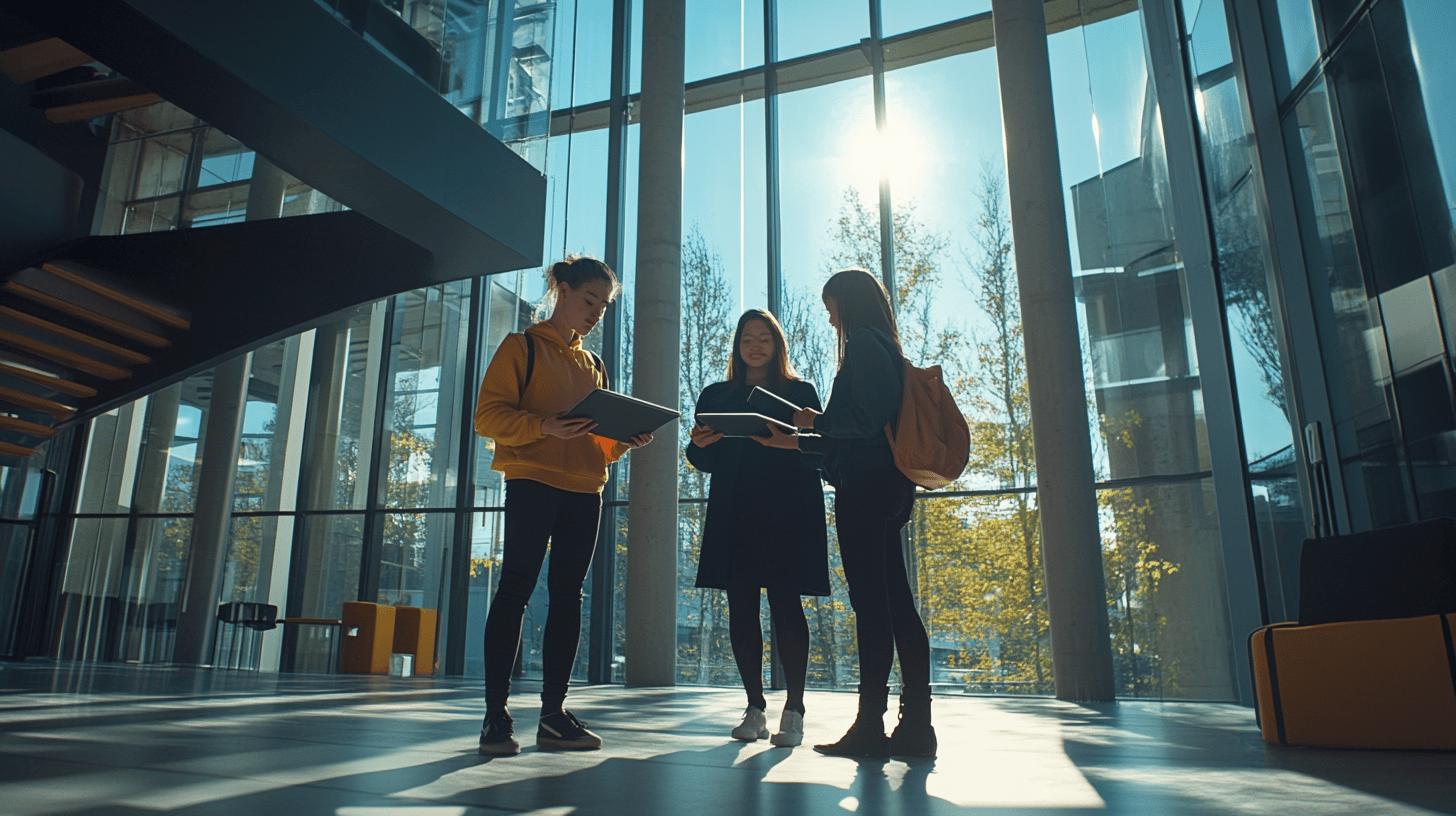 Modern workplace collaboration, three professionals discussing project in bright glass-walled office with sunlight streaming through windows, silhouetted against contemporary architectural interior