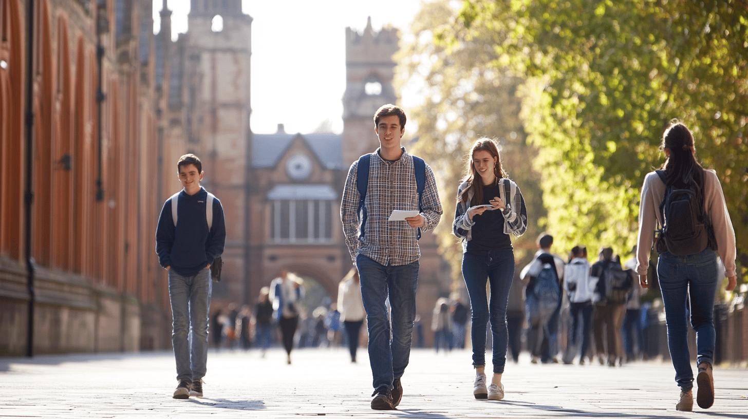Students walking on historic university campus with gothic architecture, autumn sunlight filtering through trees, backpacks and casual attire, group moving across stone pathway with historic buildings in background