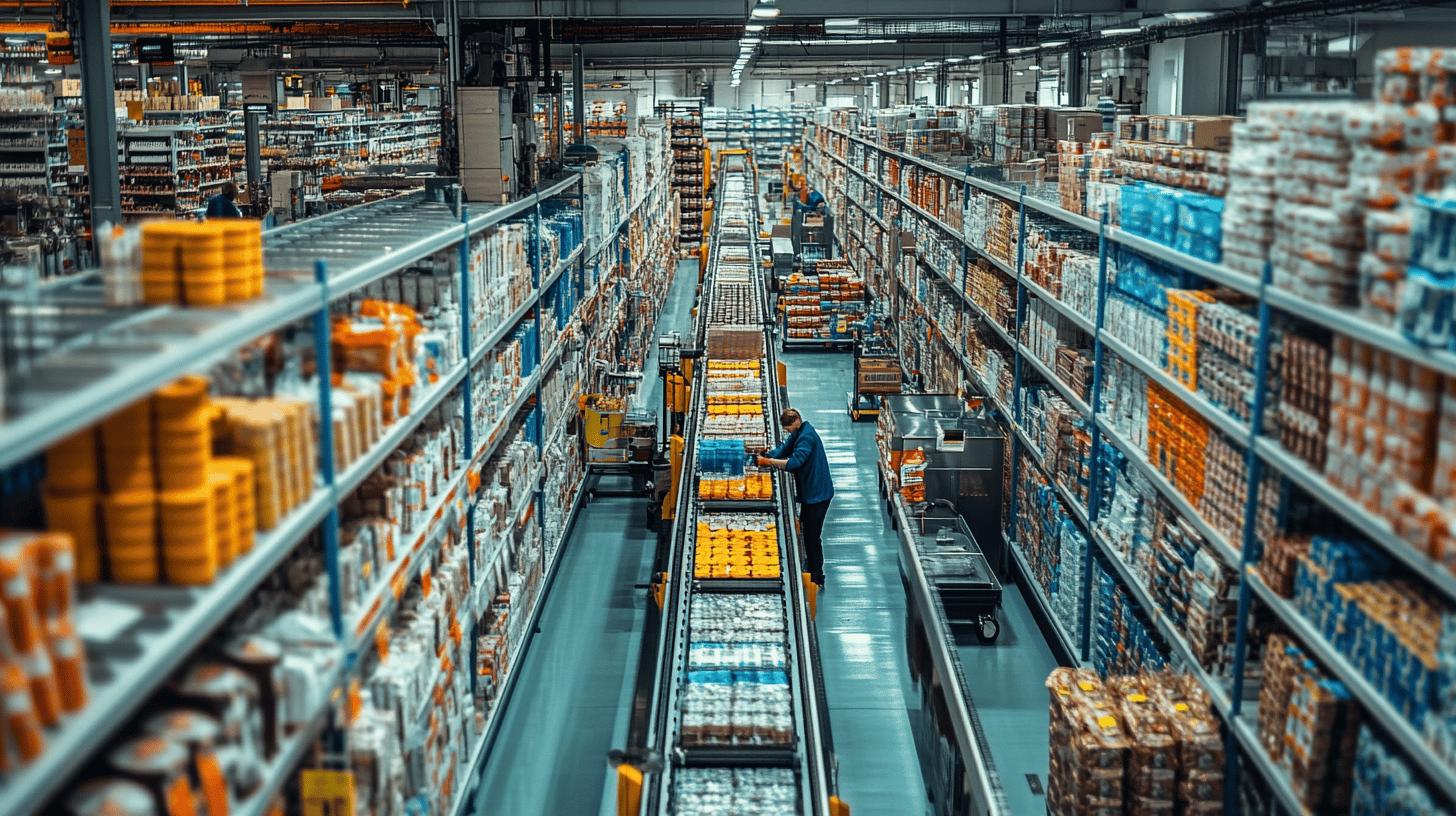 Large industrial warehouse with tall shelving, automated conveyor system, and worker managing inventory among stacked blue and orange product boxes and pallets