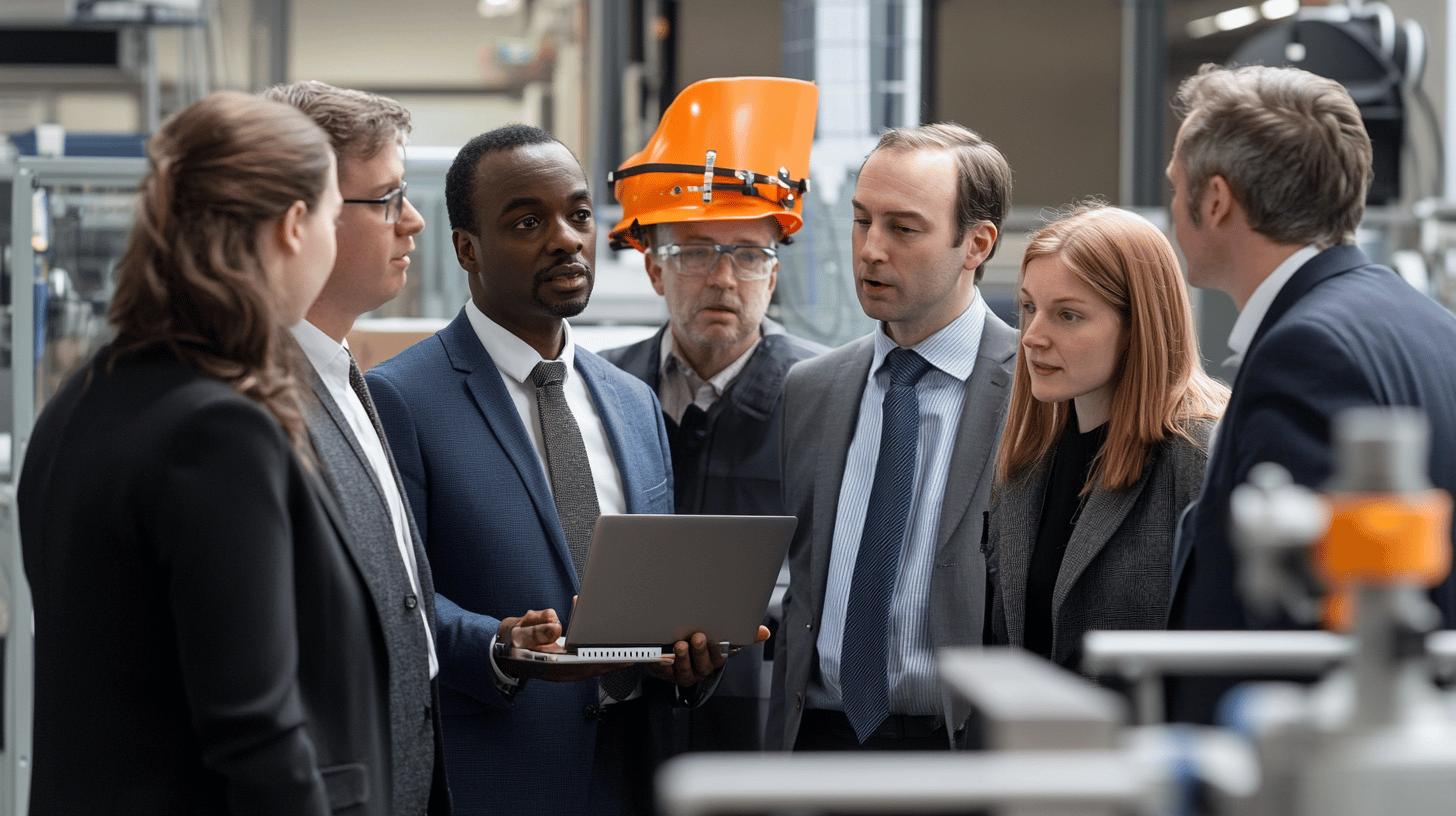 Diverse team of professionals in business attire collaborating in industrial manufacturing facility, with one team member wearing orange safety helmet and another holding laptop during workplace meeting
