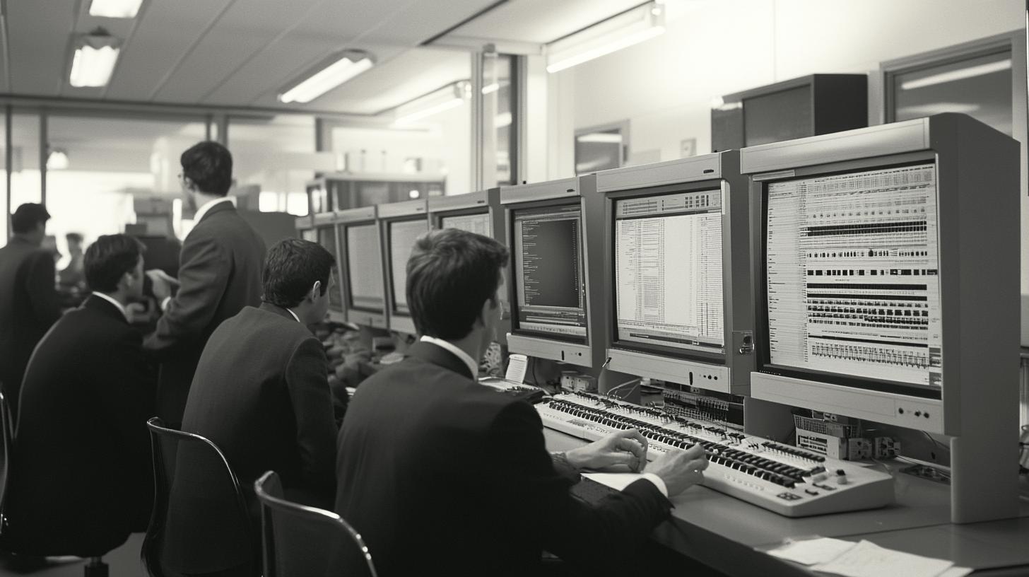 Vintage computer control room with operators in suits working at multiple monitor stations, black and white image of 1980s technology workplace