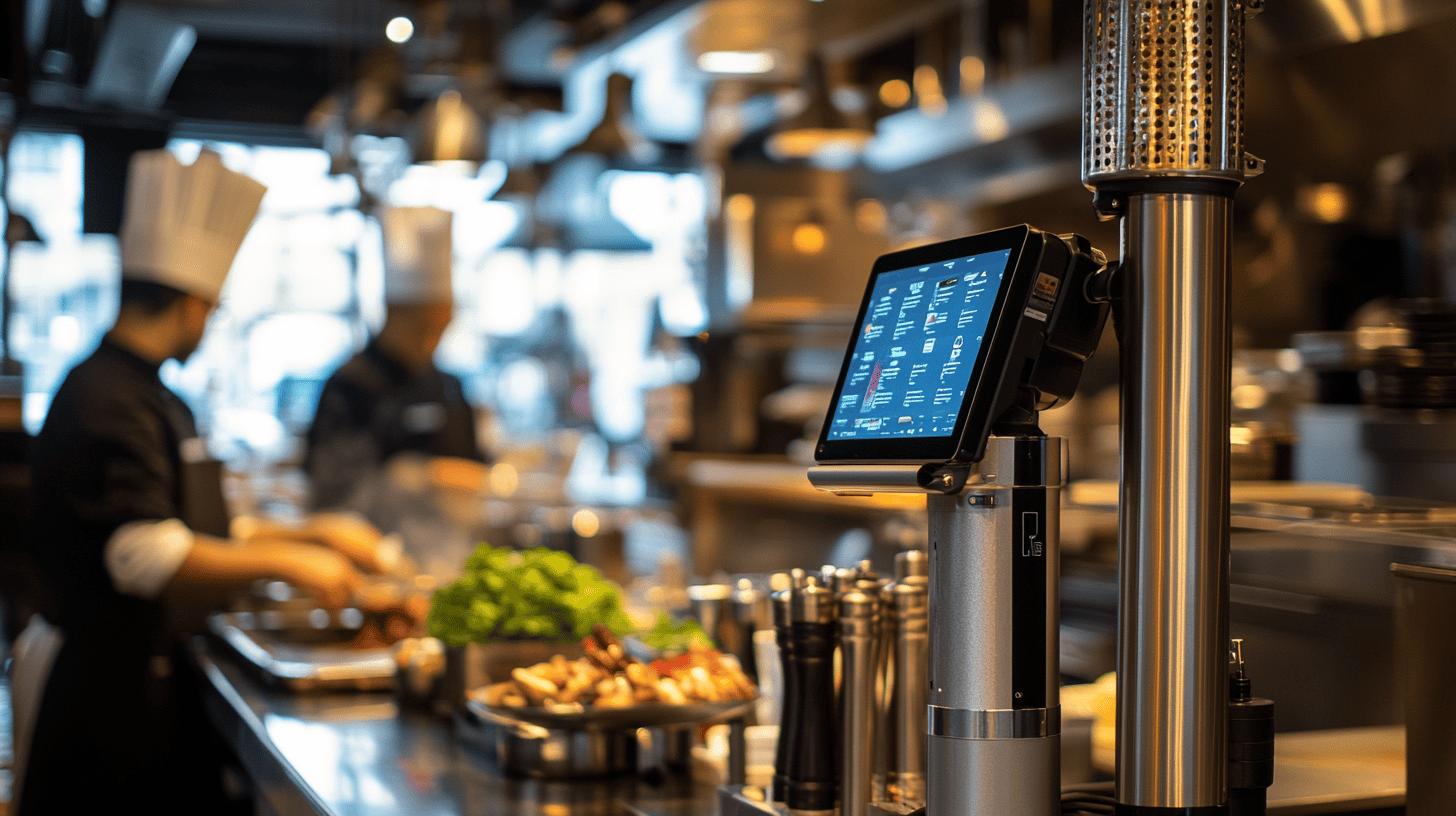 Modern restaurant kitchen with digital point-of-sale system, chefs preparing food, fresh ingredients, and high-tech kitchen equipment showing digital order management screen