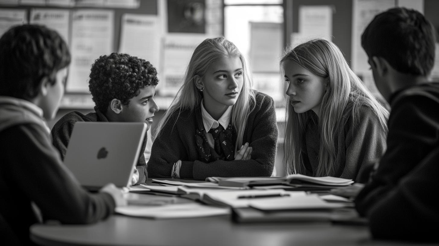 Students collaborating at classroom table with laptop, black and white study group scene with diverse learners engaged in academic discussion